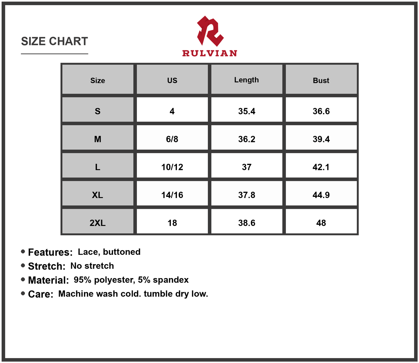 Size Chart - Women's Ruffled Hem Lace Sleeveless Dress with Elegant Twist and Breathable Everyday Comfort 95% Polyester 5% Spandex