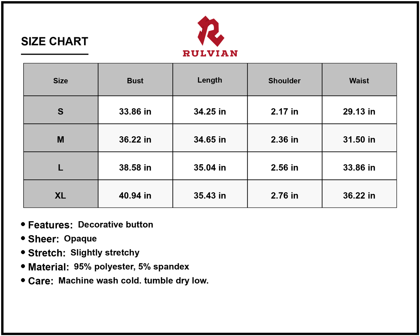 Size Chart - Womens V Neck Sleeveless Dress with Buttons and Sheer Body in Ninety Five Percent Polyester and Five Percent Spandex