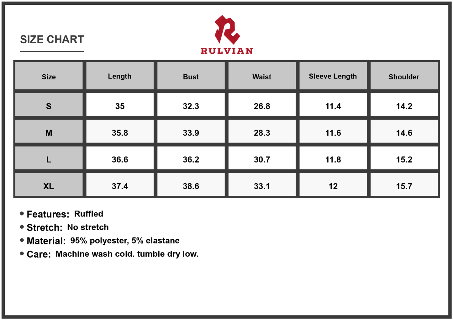 Size Chart - Women's Ruffled Hem Puff Sleeve Mini Dress with 95% polyester and 5% elastane for Flattering Fit and Easy Care