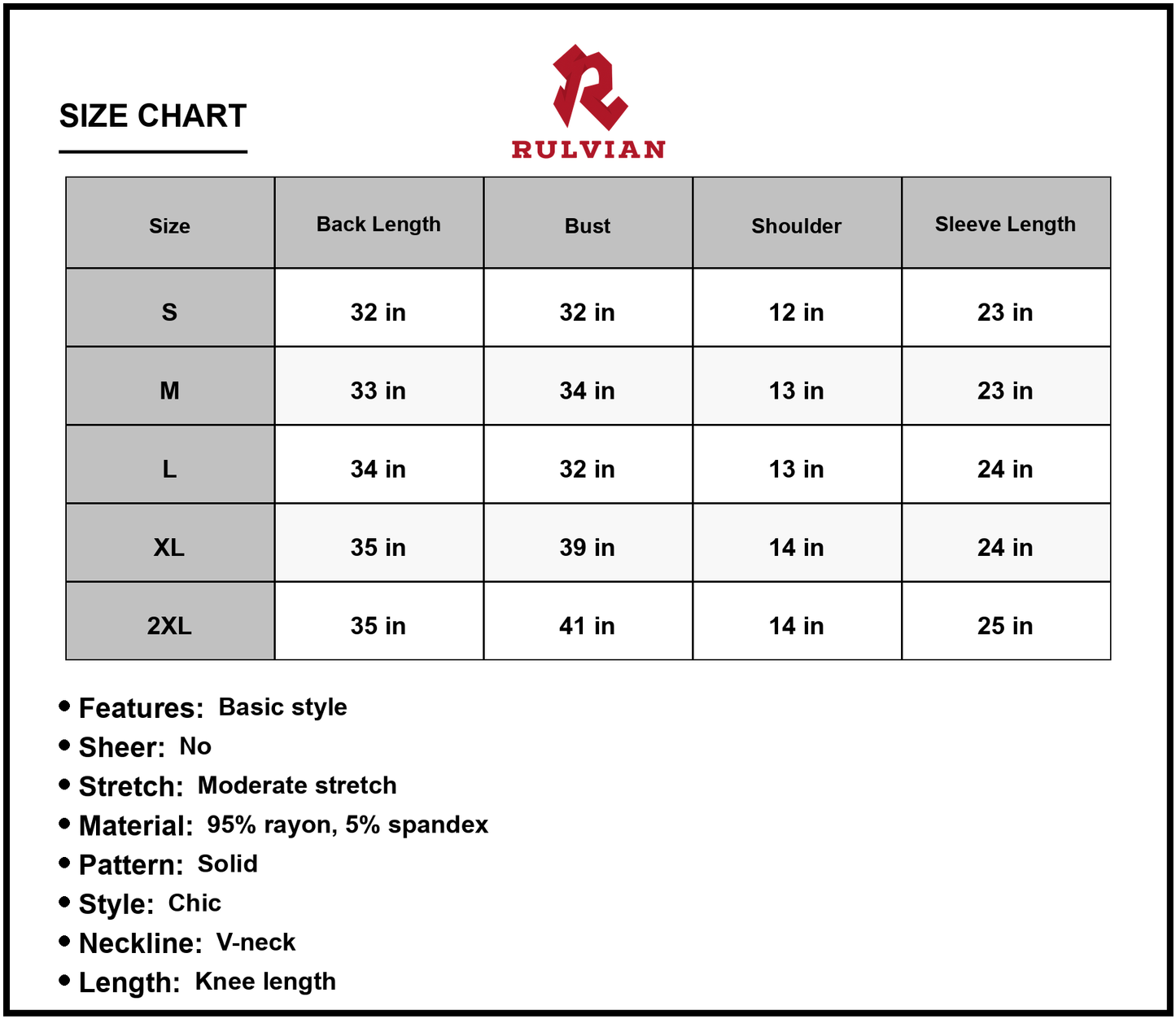 Size Chart - Women's Short Sleeve V-Neck Knee Length Dress 95% Rayon 5% Spandex Fabric Soft Stretchy Comfortable Easy Care Everyday