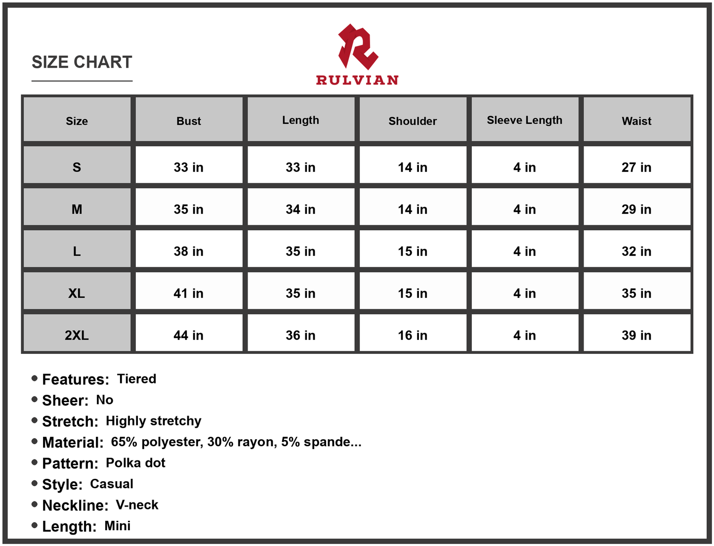 Size Chart - Women's PolkaDot Vneck Flutter Sleeve Dress Sixty five percent polyester thirty percent rayon five percent spandex blend