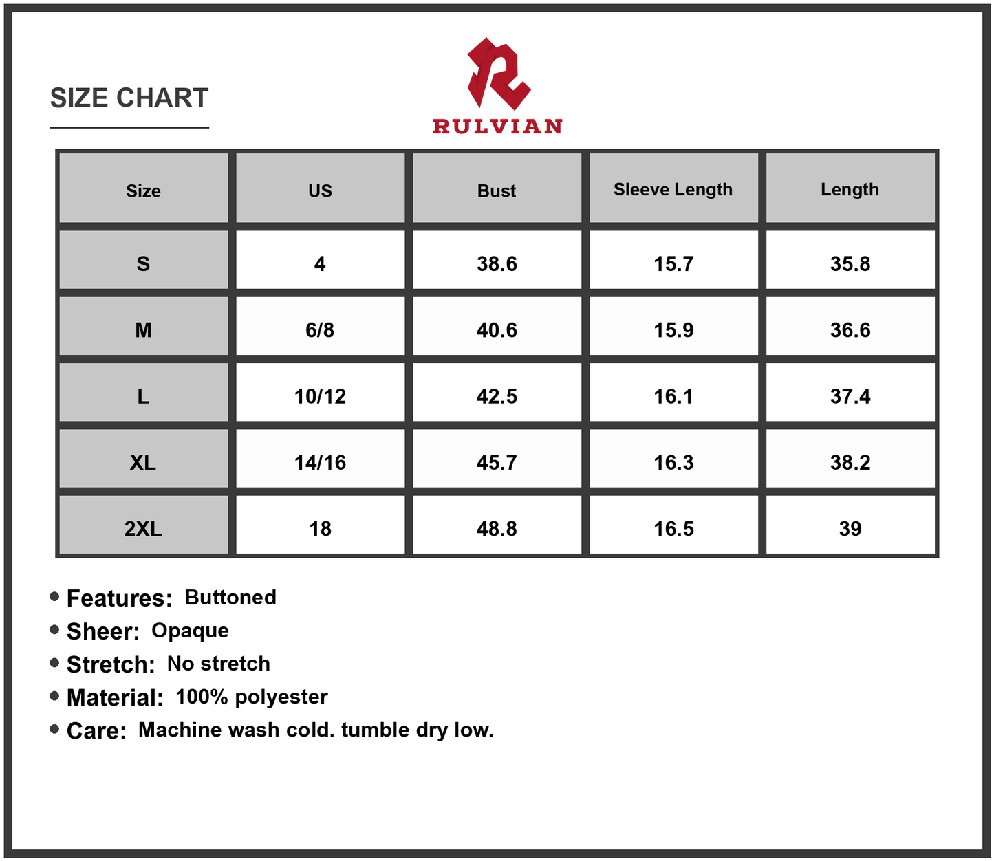 Size Chart - Women's Notched Long Sleeve Mini Shirt Dress with opaque look polyester % fabric comfortable everyday wear essential