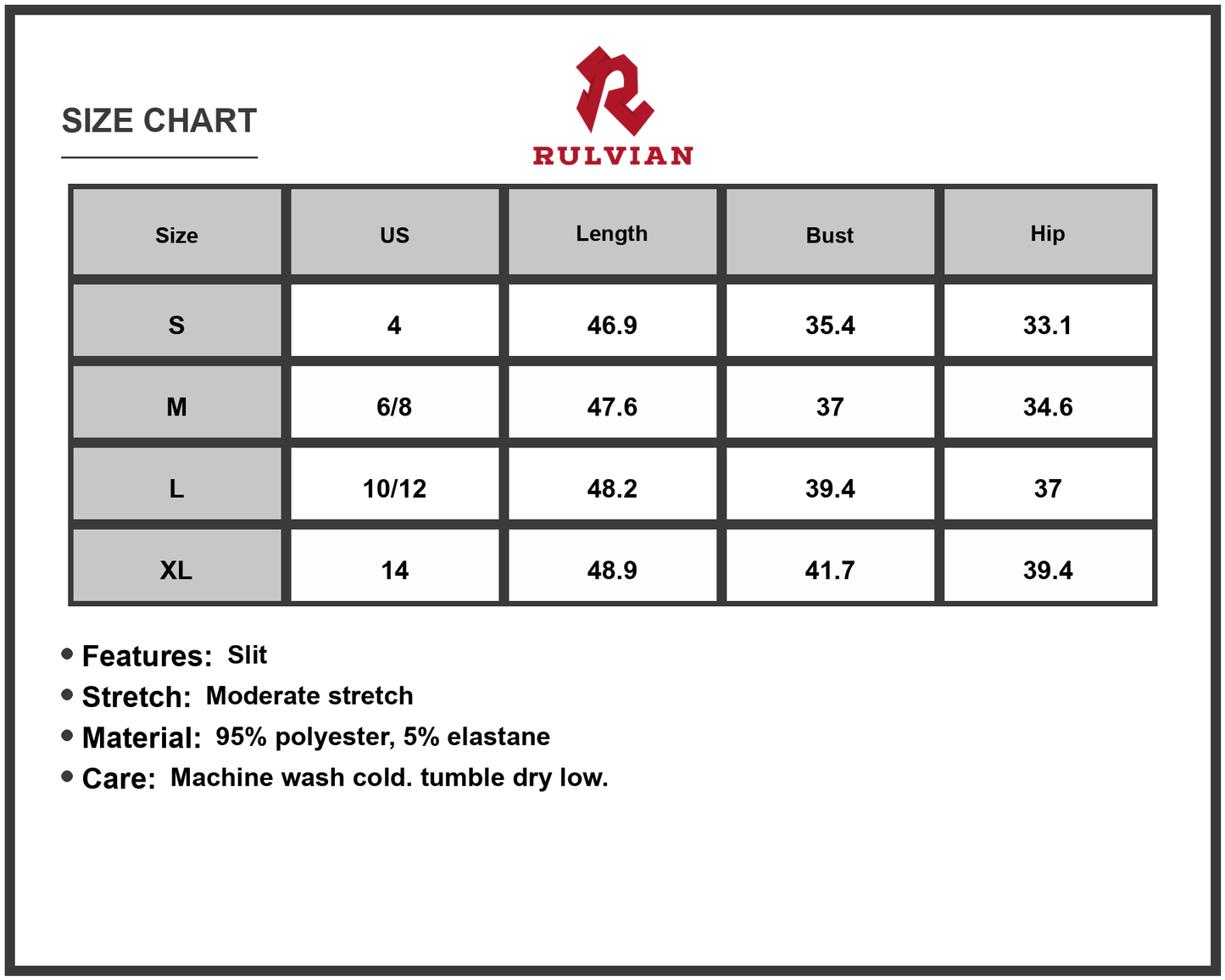 Size Chart - Women's Off Shoulder Short Sleeve Maxi Dress with Moderate Stretch 95% Polyester 5% Elastane for Flattering Fit