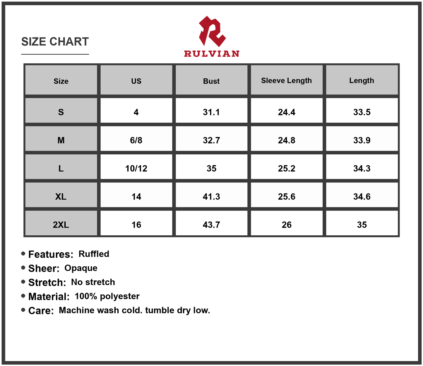 Size Chart - Women's Ruffled Round Neck Long Sleeve Mini Dress 100% Polyester Fabric for Elegant Everyday Wear Soft Lightweight