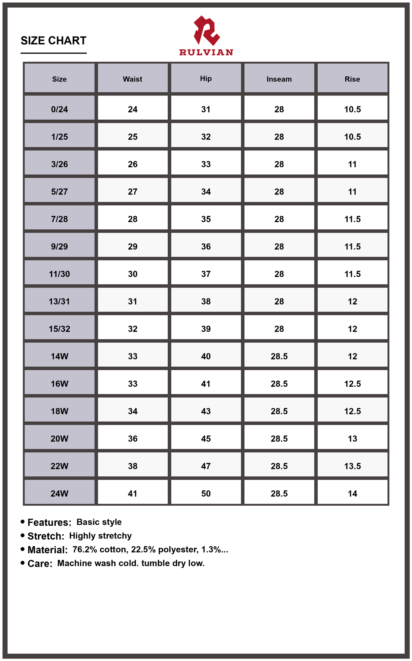 Size Chart - Women's Tummy Control High Waist Slim Fit Jeans Highly Stretchy Flattering Shaping Denim for Everyday Versatile Wear Premium Quality