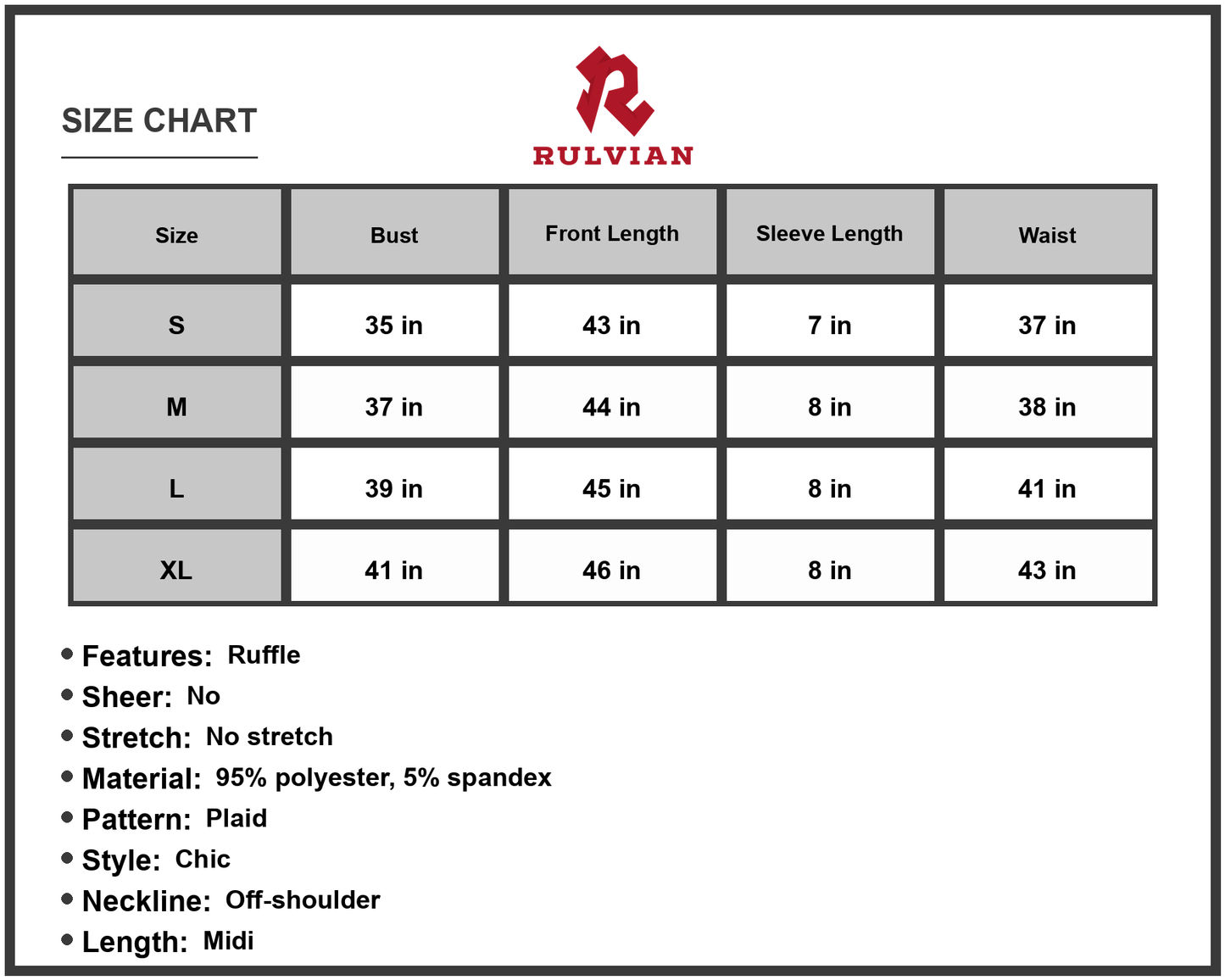 Size Chart - Women's Plaid Off Shoulder Tiered Midi Dress Flutter Short Sleeves Ruffle Neckline A Line Hem 95% Polyester 5% Spandex
