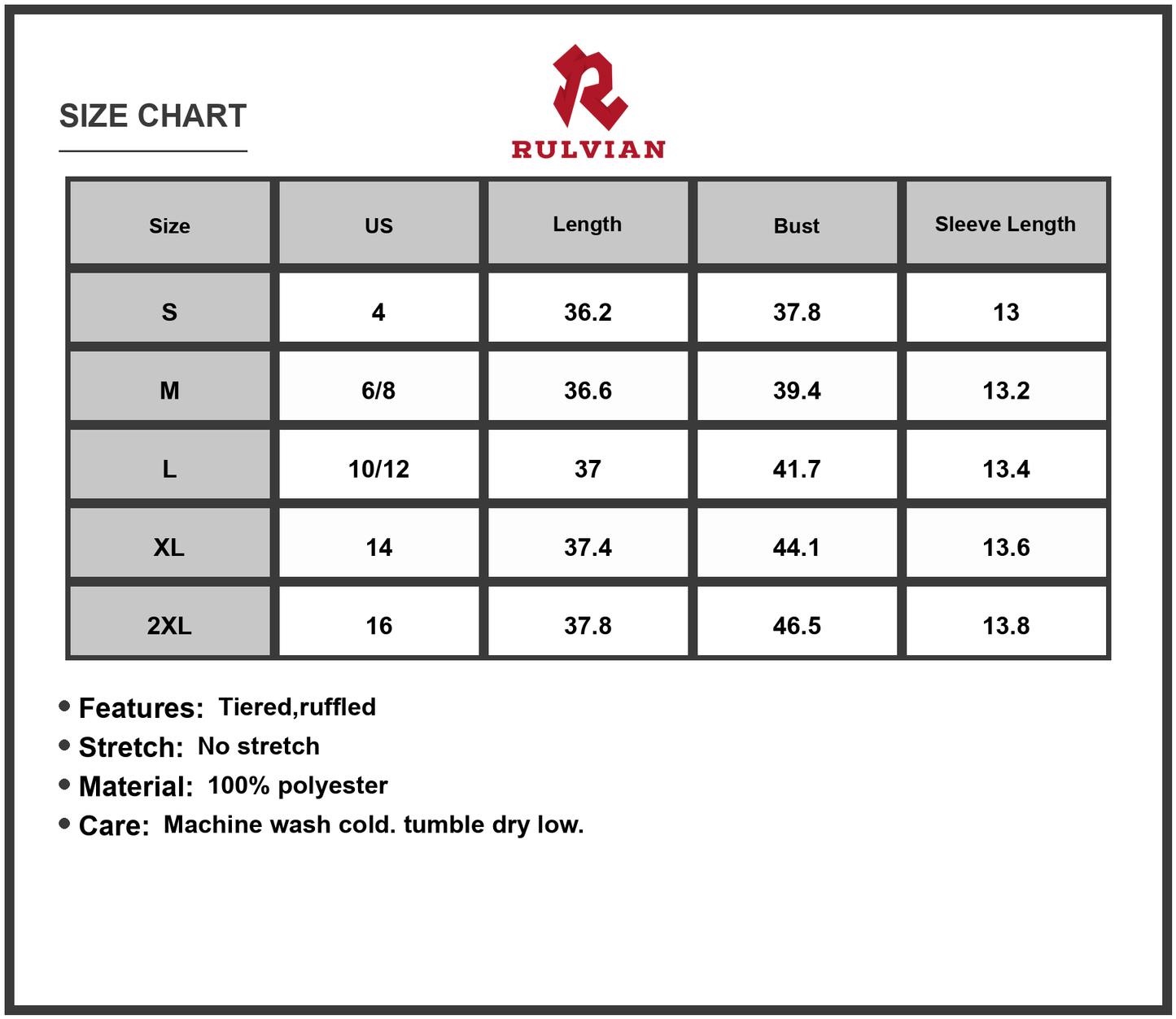 Size Chart - Women's Printed V-Neck Tiered Dress with Ruffles 100% Polyester Lightweight Breathable Everyday Wear for All Seasons