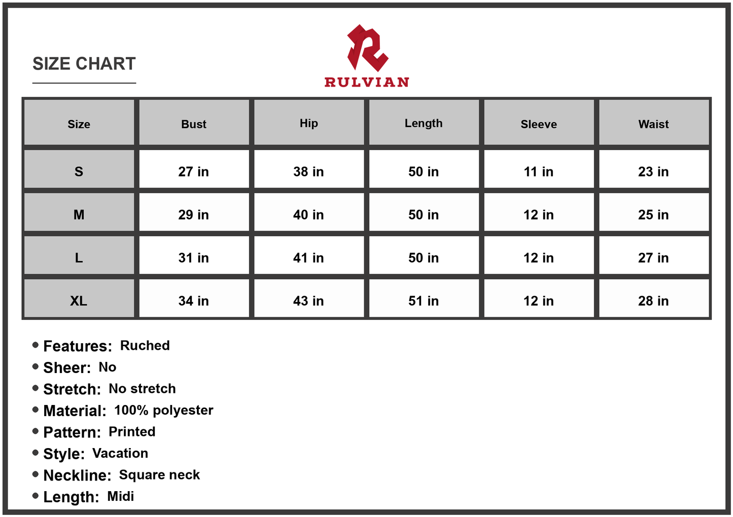 Size Chart - Women's Printed Square Neck Short Sleeve Midi Dress Ruched Bodice with Hem Vacation One hundred percent polyester