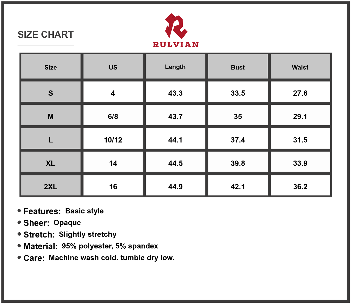 Size Chart - Women's Sleeveless Midi Dress 95% Polyester 5% Spandex Sheer Bodice Slight Stretch Versatile For Day to Night Wear
