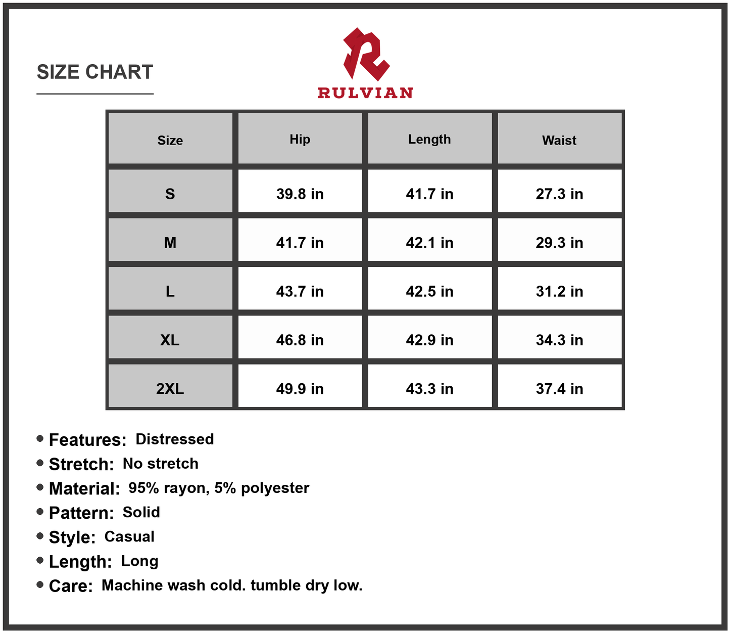 Size Chart - Womens Distressed Loose Fit Buttoned Denim Jeans for Casual Wear Long Length Durable Versatile Pants Solid Pattern