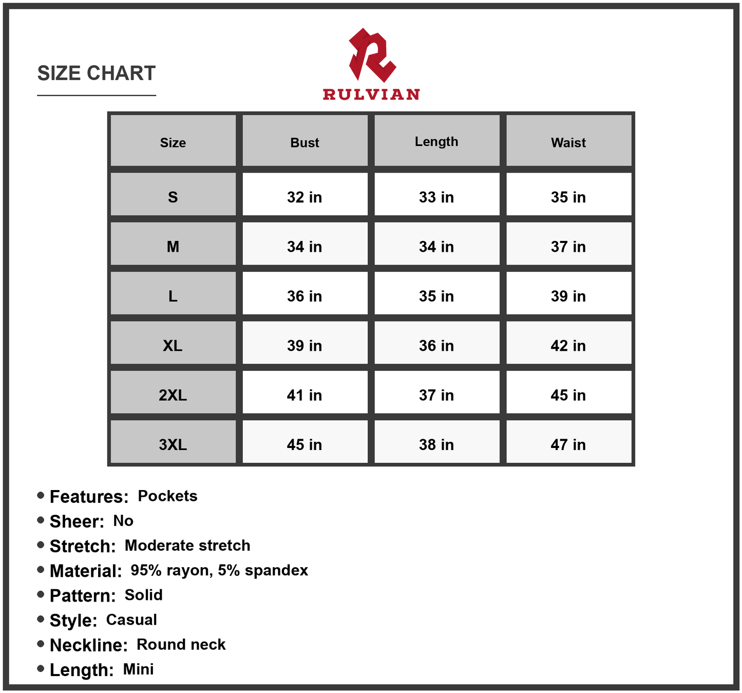 Size Chart - Women's Full Size Round Neck Sleeveless Dress with Pockets 95% rayon and 5% spandex for Everyday Casual Comfort