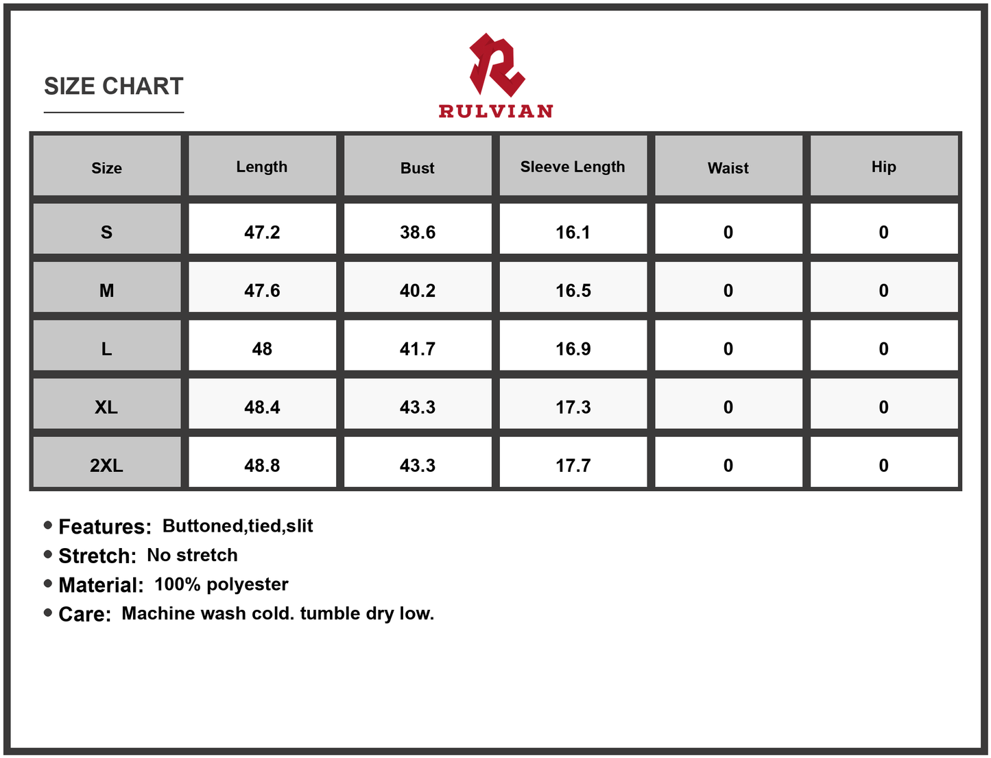 Size Chart - Women's Printed Button Up Midi Shirt Dress with Tie Front and Slit Lightweight Polyester 100% for everyday wear