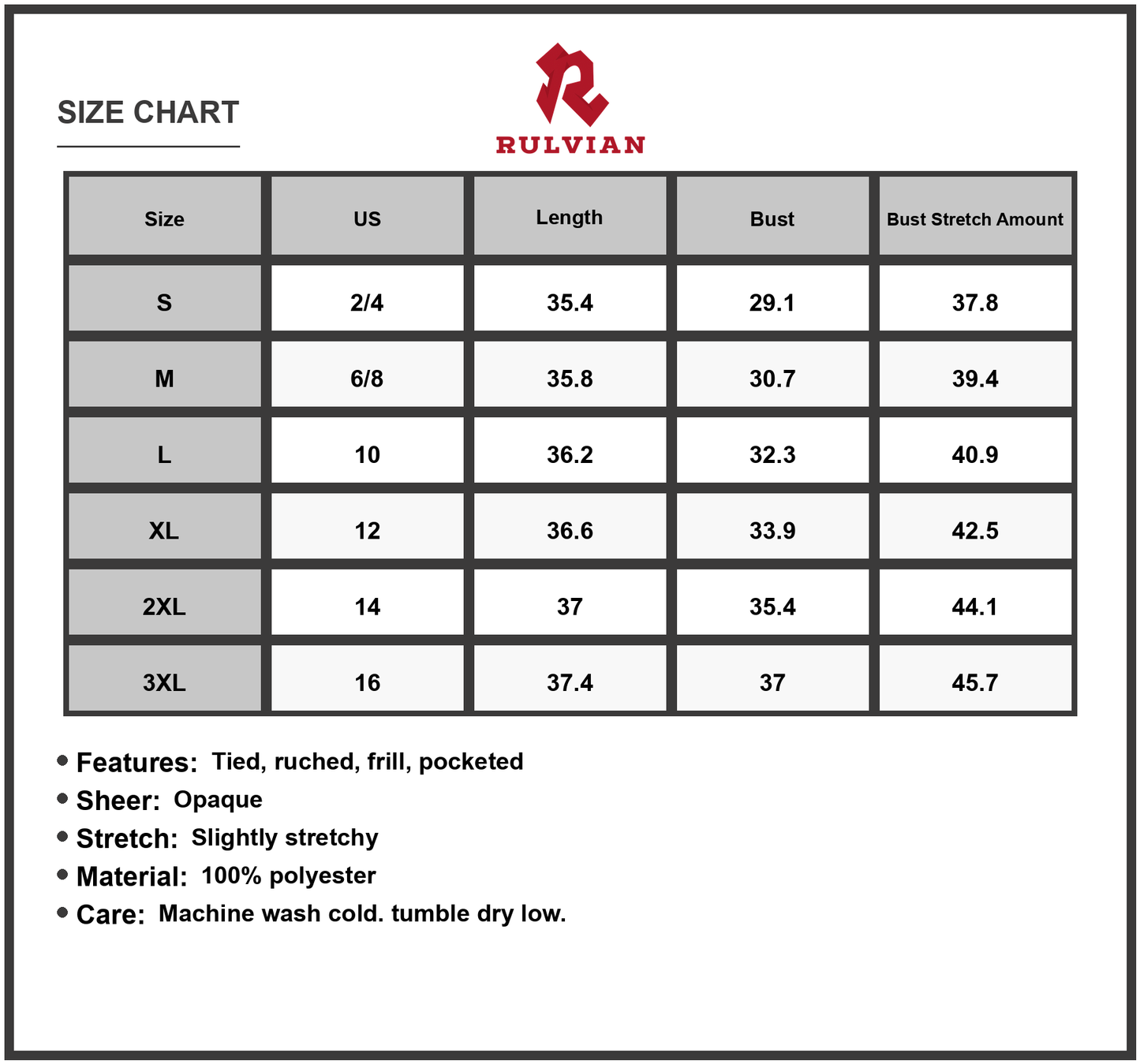 Size Chart - Women's Frill Pocketed Square Neck Wide Strap Dress with Tied Ruched Details and Opaque Stretch for Everyday Wear 100% Polyester