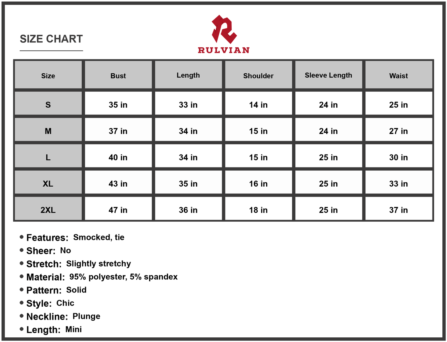 Size Chart - Womens Tied Plunge Smocked Waist Flounce Sleeve Dress 95% Polyester 5% Spandex Casual Mini Length Chic Party Ready