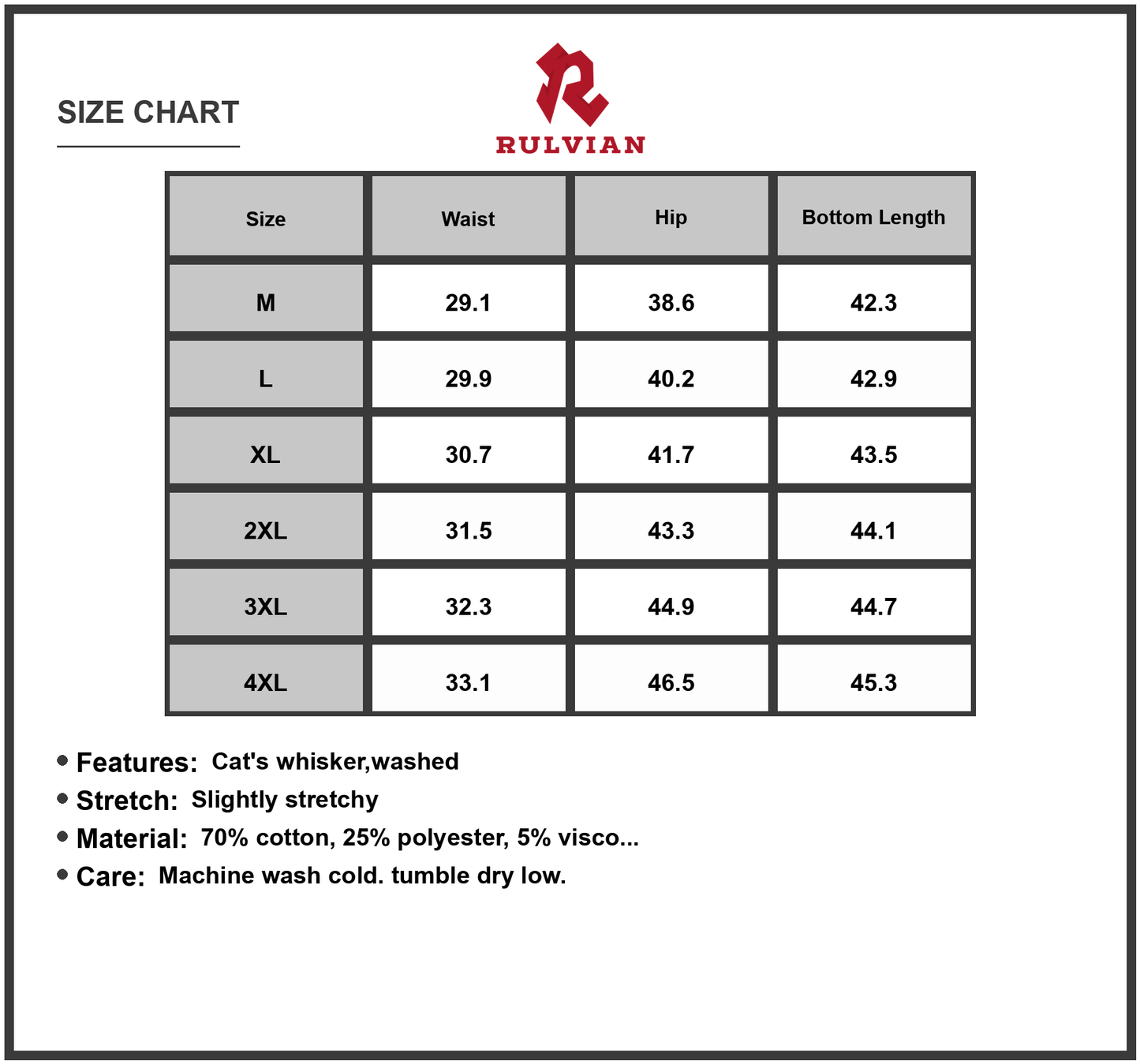 Size Chart - Mens plus size wide leg flare jeans with cat whisker washed look slightly stretchy durable denim for casual wear
