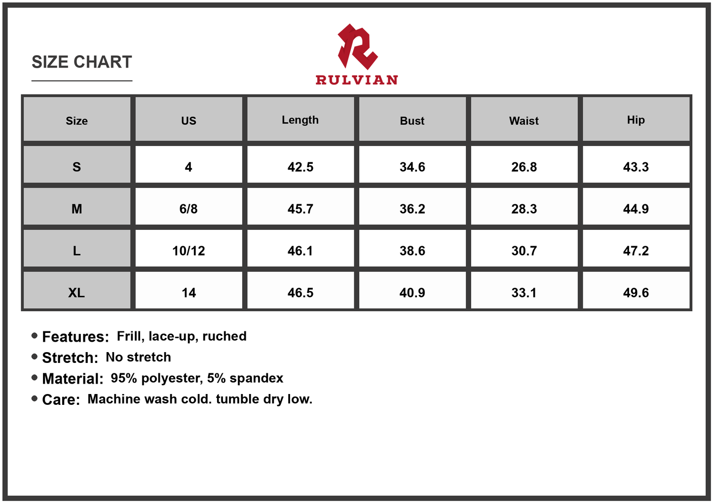 Size Chart - Women's Frill Tied Front Midi Cami Dress With Lace Up Detail Ruched Silhouette 95% Polyester 5% Spandex Elegant Fit