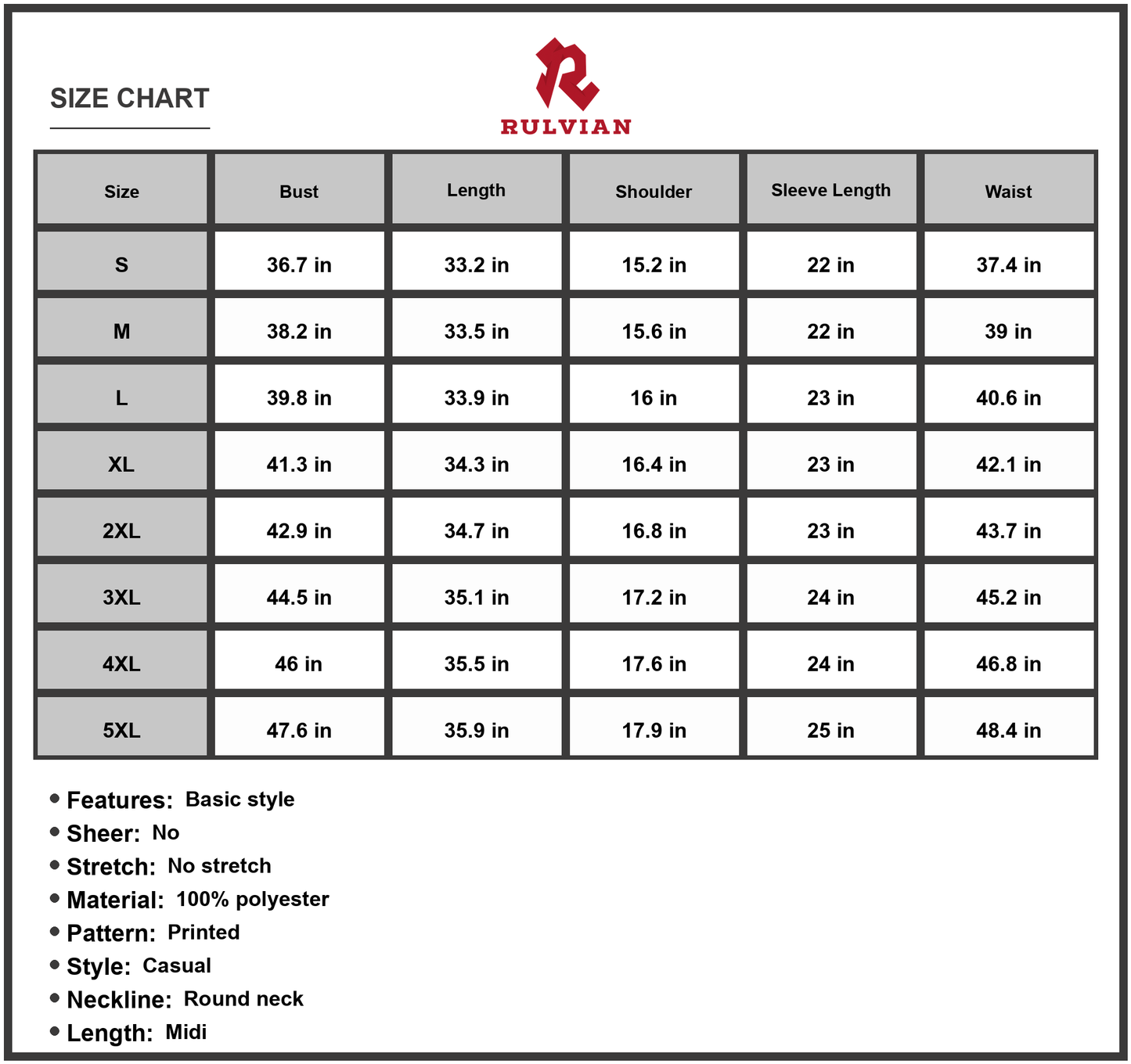 Size Chart - Women's floral long sleeve midi dress with round neck printed pattern casual everyday wear fabric 100% Polyester