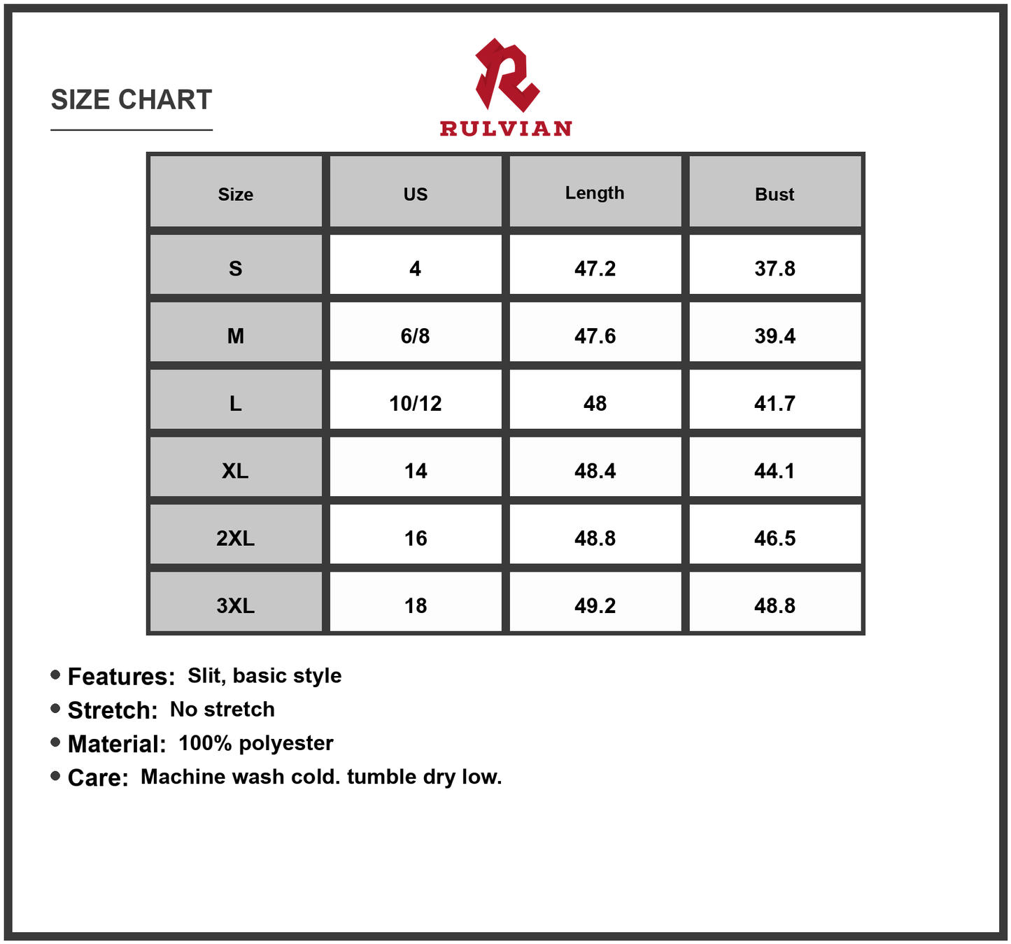 Size Chart - Womens Sleeveless Midi Dress with Side Slit in 100% Polyester Fabric for Plus Size Everyday Wear for flattering fit