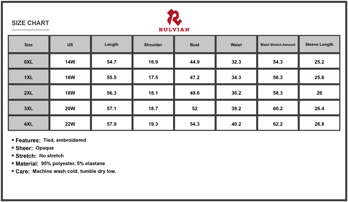 Size Chart - Women's Curvy Polka Dot Tie Neck Long Sleeve Midi Dress with Ninety Five Percent Polyester and Five Percent Elastane