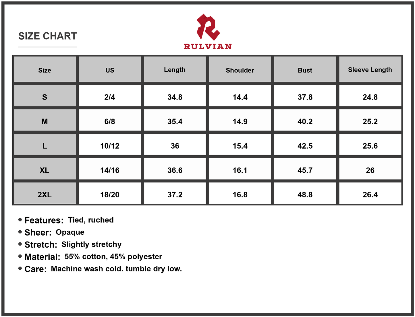Size Chart - Women's Christmas Front Tied Long Sleeve Dress with Ruched and Fifty Five Percent Cotton Forty Five Percent Polyester