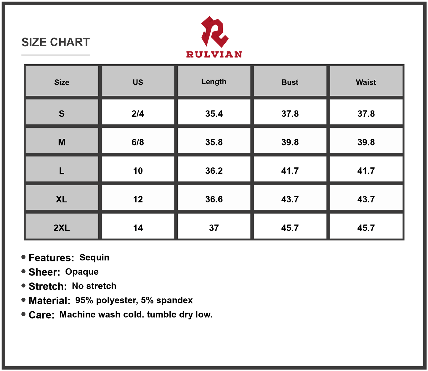 Size Chart - Women's Sequin Round Neck Half Sleeve Mini Dress with fabric ninety five percent % polyester and five percent % spandex