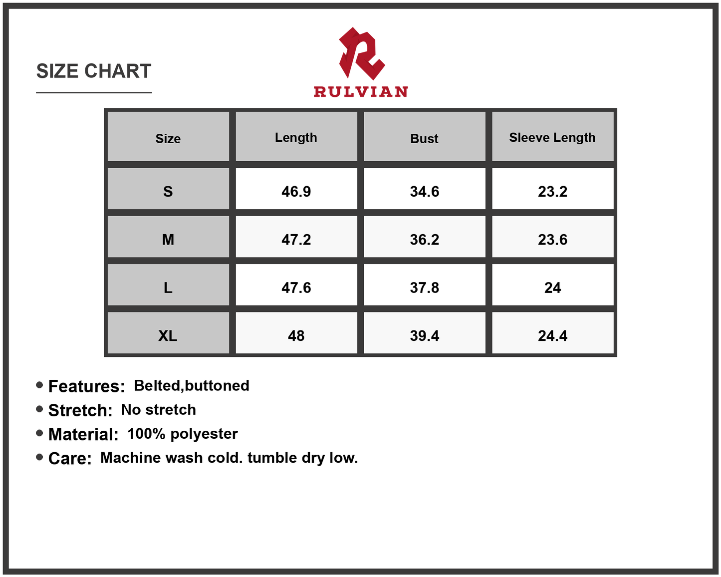 Size Chart - Women's Button Front Long Sleeve Shirt Dress Belted Silhouette 75% Polyester Fabric Casual Everyday Wear Essentials