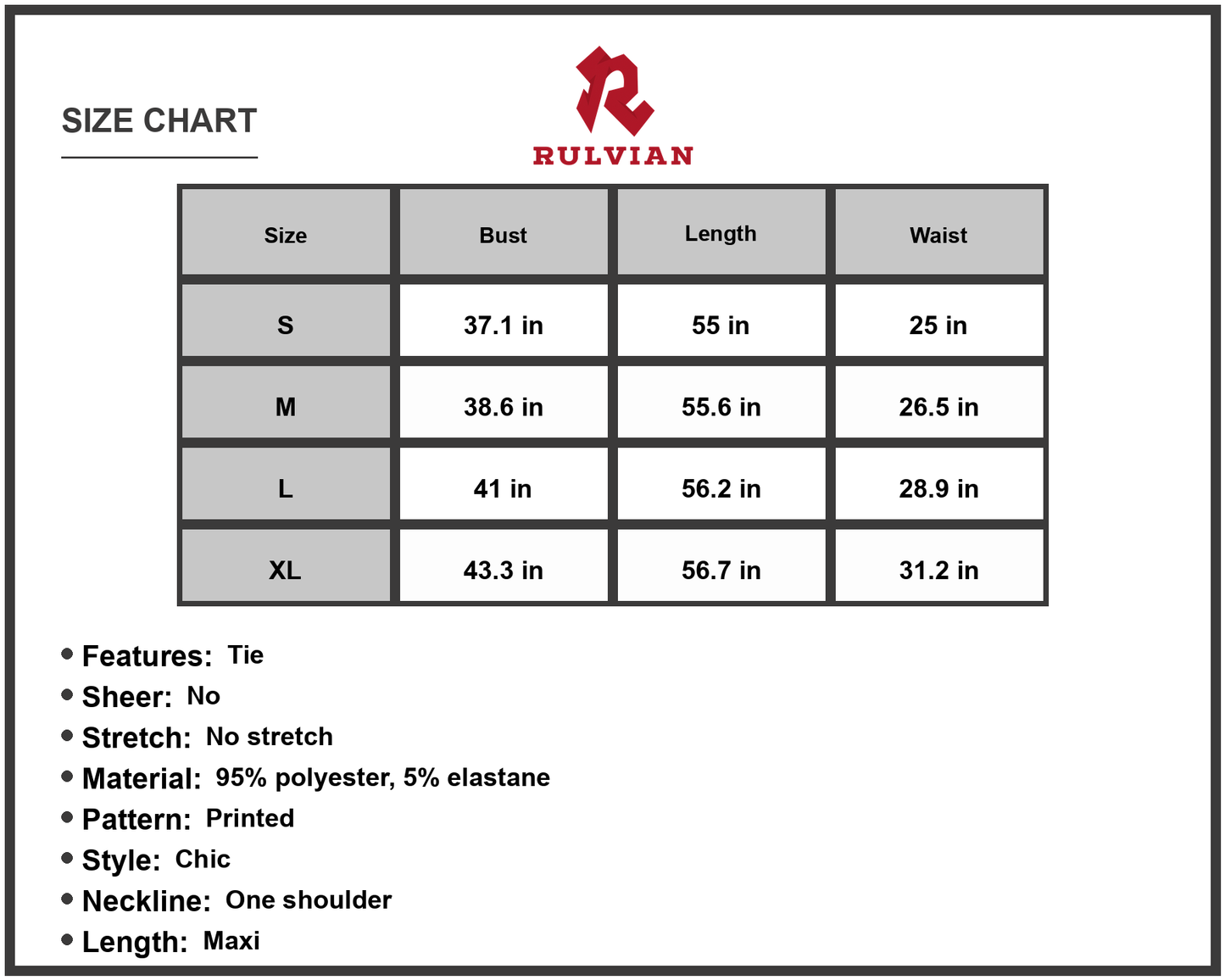Size Chart - Women's Printed Tie Waist One Shoulder Maxi Dress with 95% Polyester fabric and 5% Elastane fabric for chic everyday wear