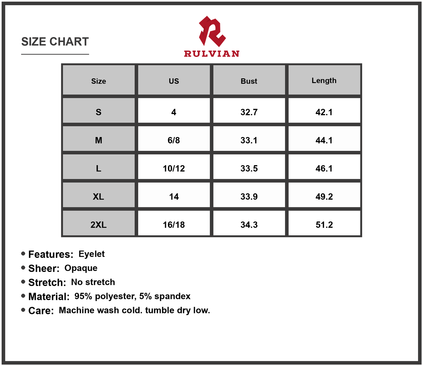 Size Chart - Women's Eyelet Grecian Neck Mini Dress Eyelet Detail 95% Polyester 5% Spandex Lightweight Daywear Evening Ready