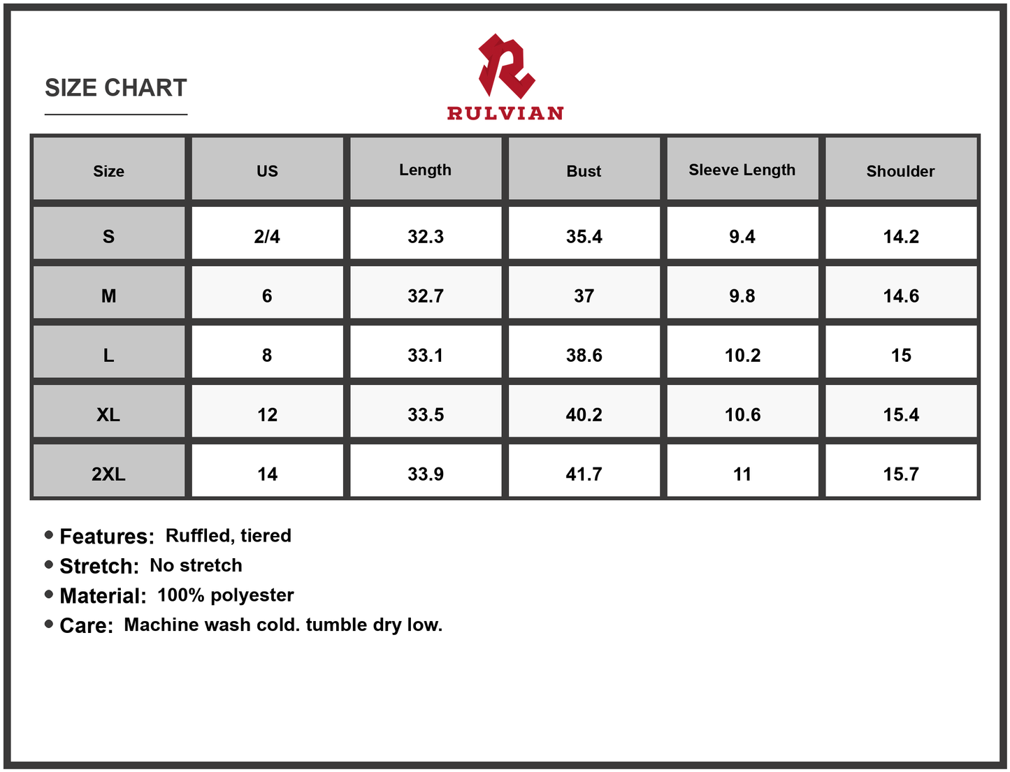 Size Chart - Women's Ruffled Round Neck Cap Sleeve Mini Dress 100% Polyester Lightweight Flowing Tiered Design Festive Everyday