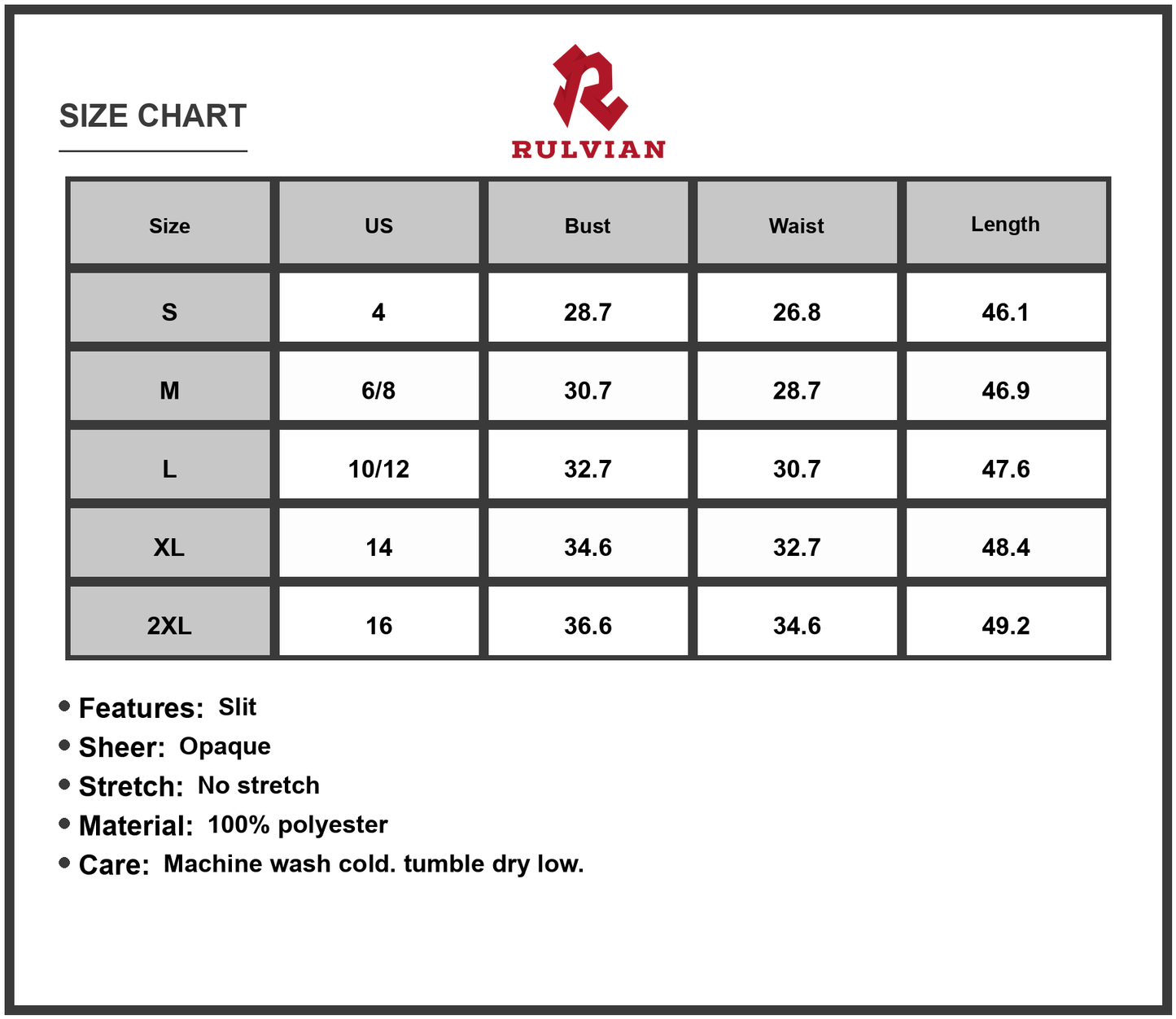Size Chart - Women's Slit Tube Midi Dress 100% Polyester Fabric for Evening Wear with Elegant Silhouette and Flattering Fit