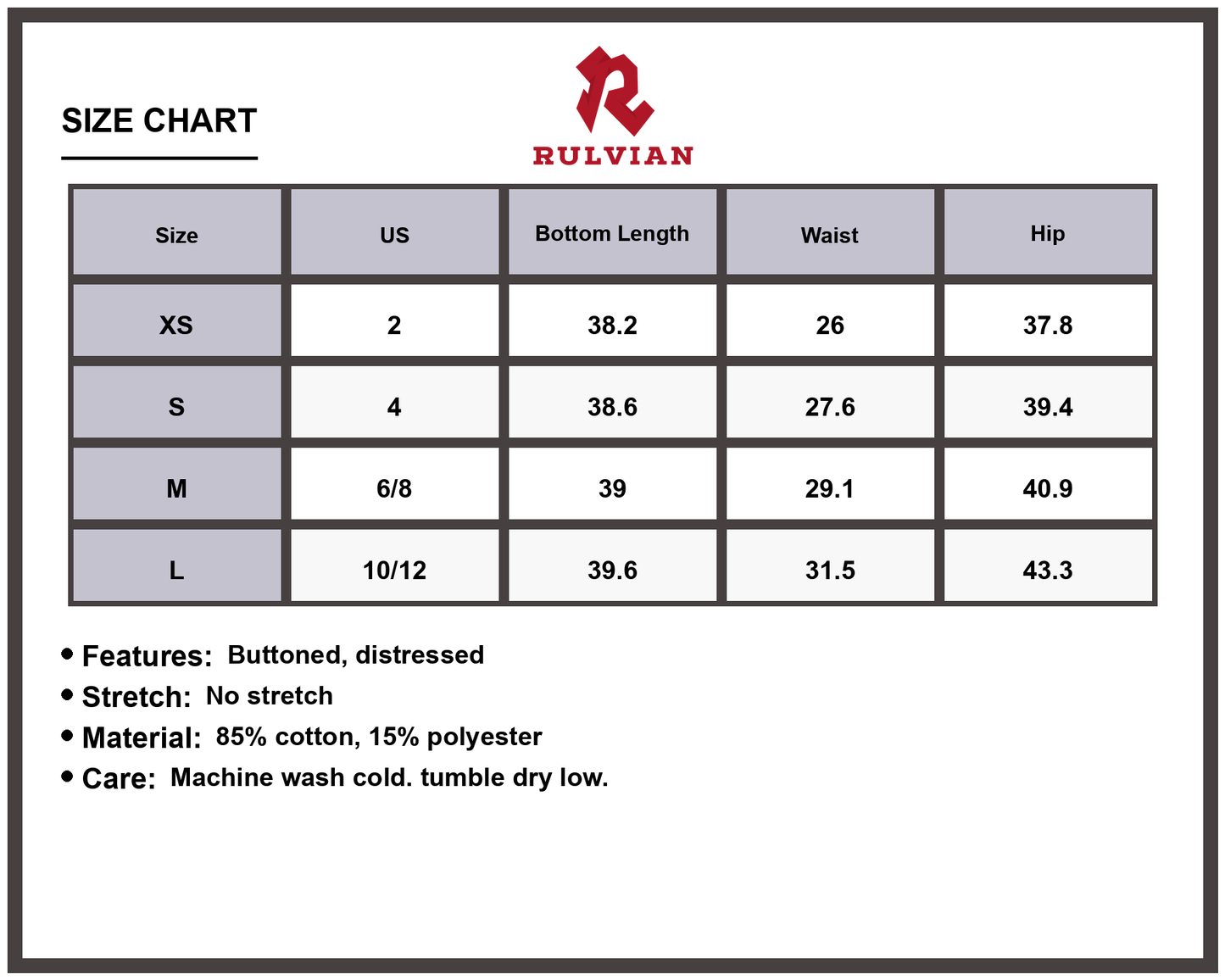 Size Chart - Women's High Rise Distressed Jeans with Pockets Buttoned No Stretch Premium Durable Everyday Fashionable Denim Pants for Women