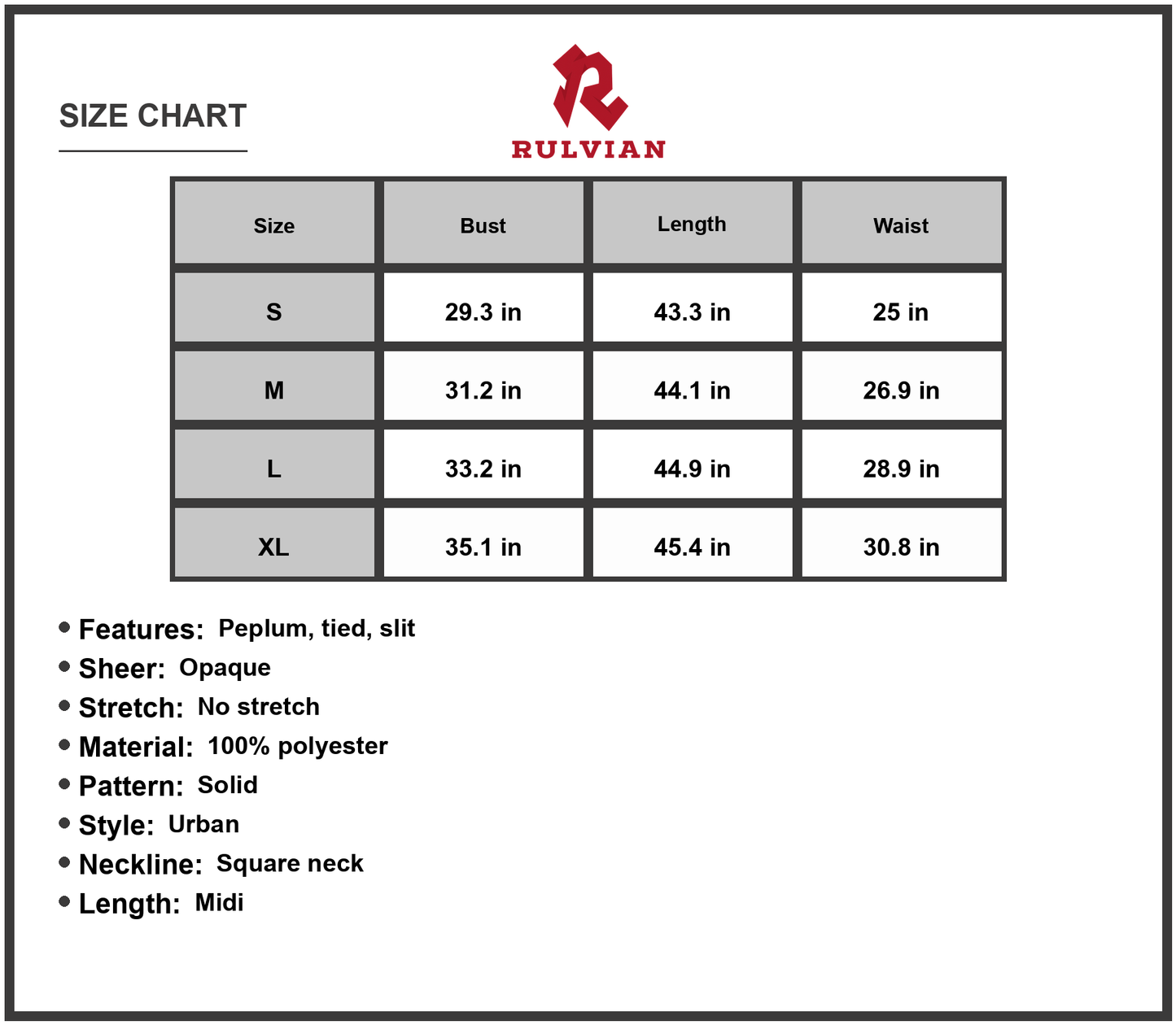 Size Chart - Women's Square Neck Tie Strap Midi Dress in Solid Urban Style with Peplum and Slit Sleeveless Flounce Hem 100% Polyester