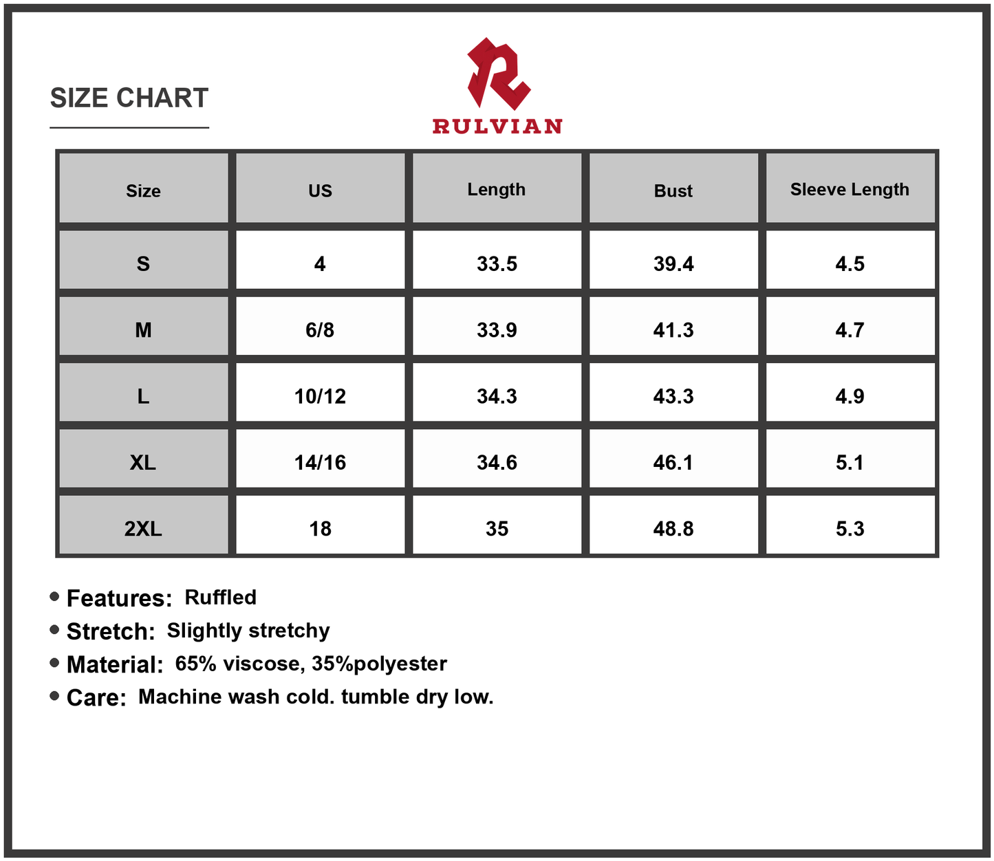Size Chart - Women's Ruffled V Neck Cap Sleeve Mini Dress with Sixty Five Percent Viscose and Thirty Five Percent Polyester Fabric