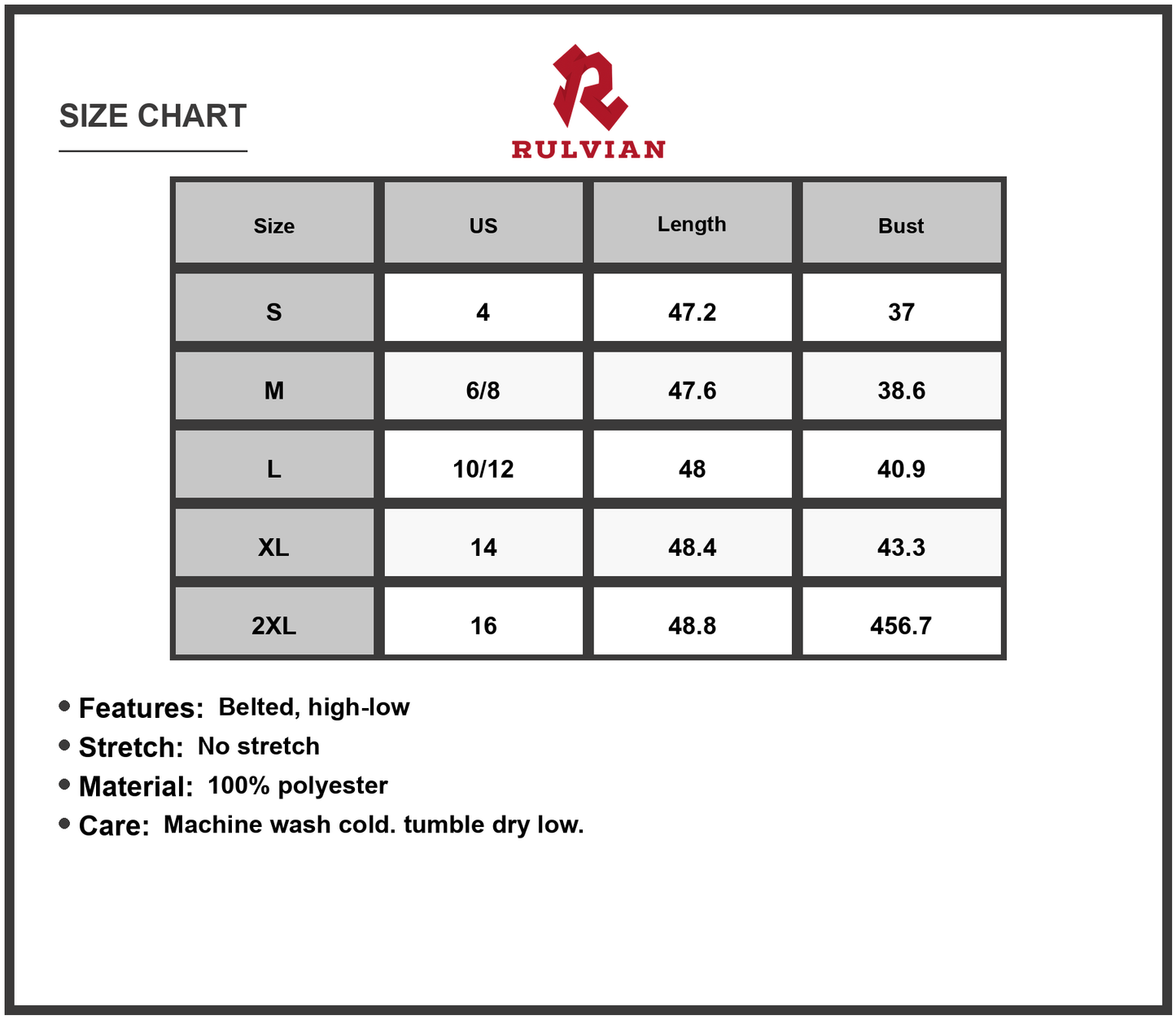 Size Chart - Women's Printed Surplice Short Sleeve Maxi Dress with Belted High Low Hem 100% Polyester Flattering Fit for Day Wear