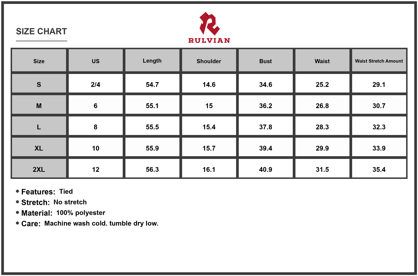 Size Chart - Women's Surplice Tie Waist Maxi Dress 100% Polyester Flowing Silhouette Elegant Flowy Everyday Occasion Ready Chic