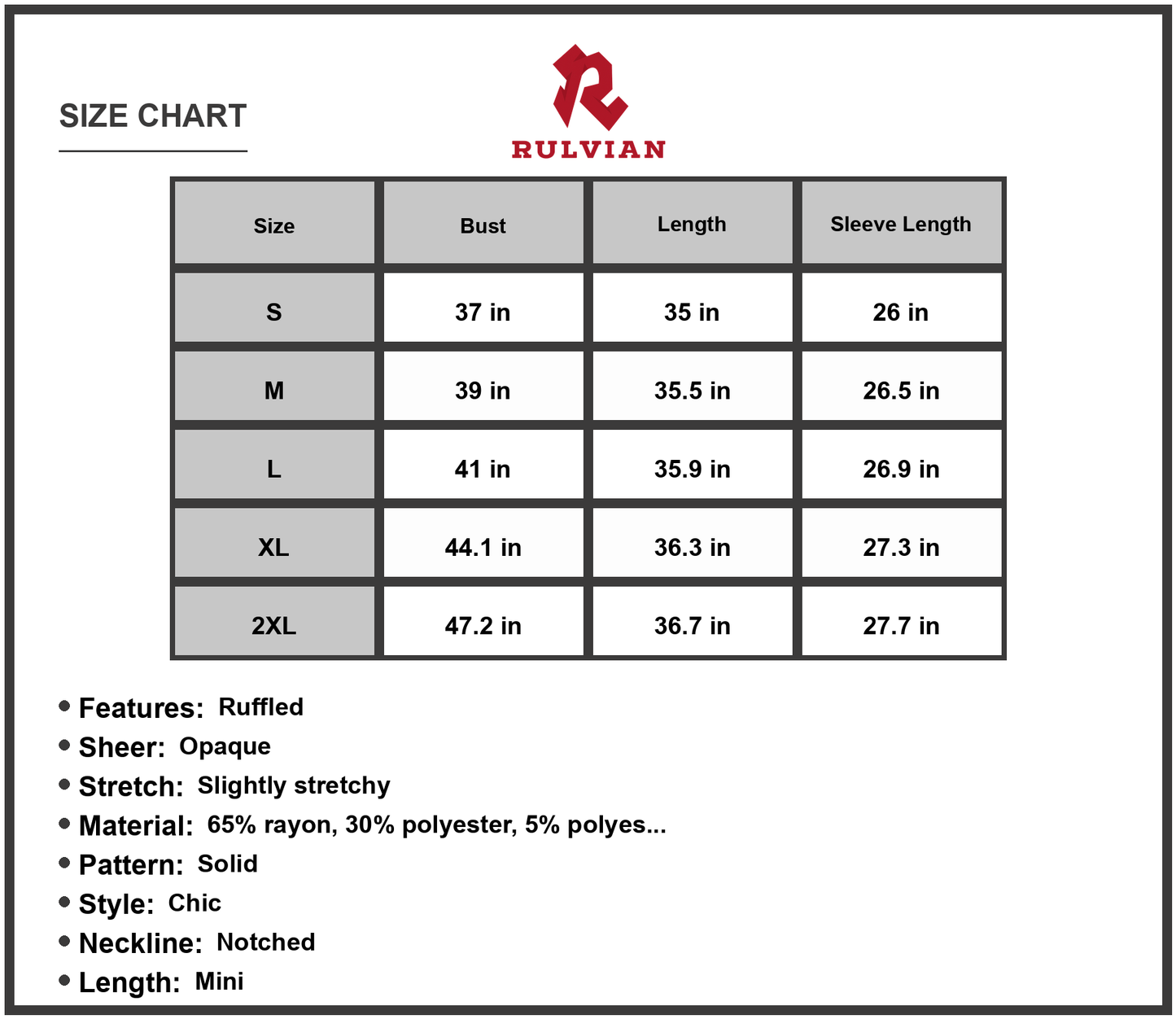 Size Chart - Women's Notched Neck Long Sleeve Mini Dress sixty five % rayon thirty % polyester five % polyester for everyday wear