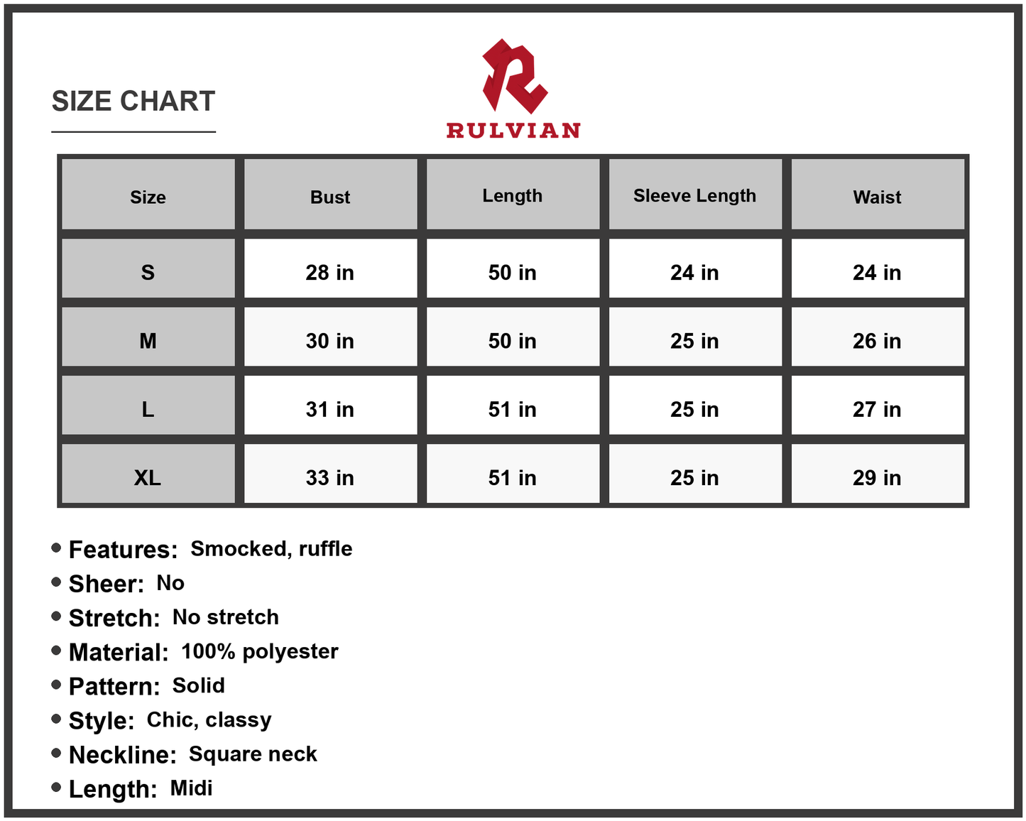 Size Chart - Women's Smocked Ruffle Hem Midi Dress with Flounce Sleeves and Square Neck Look Everyday Wear Polyester % Fabric