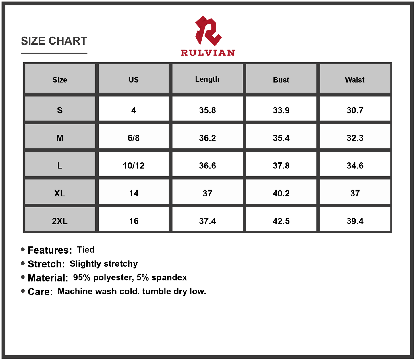 Size Chart - Women's Surplice Short Sleeve Dress with Ninety Five Percent Polyester and Five Percent Spandex Stretch Fabric