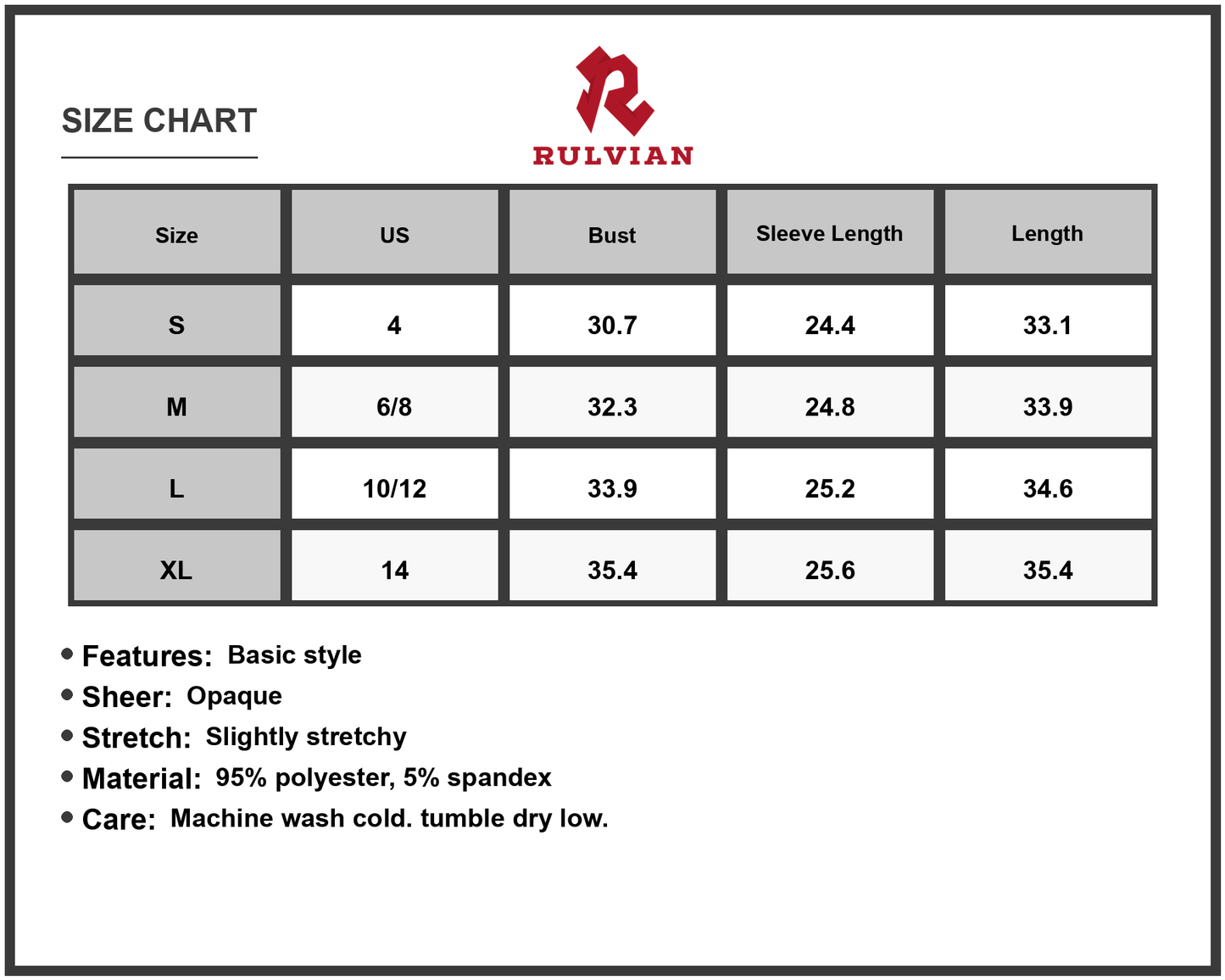 Size Chart - Women's Backless Round Neck Long Sleeve Mini Dress 95% Polyester 5% Spandex Lightweight Stretchy Silhouette Flattering
