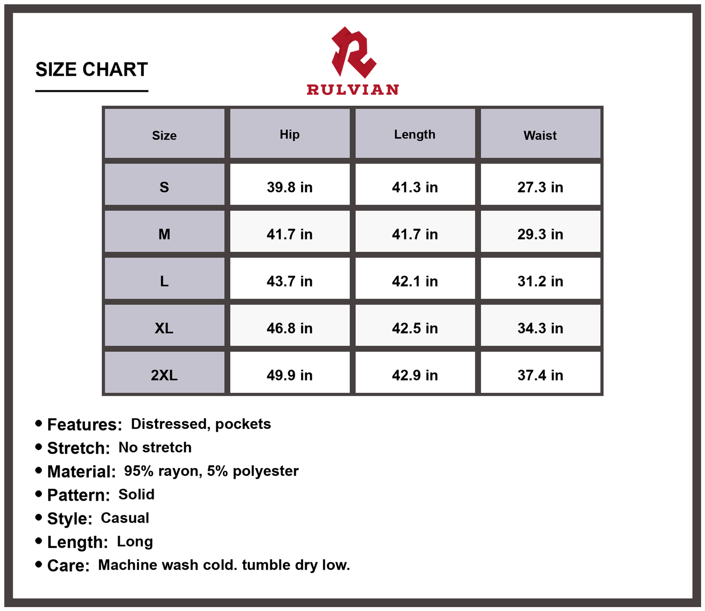 Size Chart - Women's Distressed Loose Fit Jeans with Buttoned Closure and Functional Pockets Long Length Durable Casual Denim Pants