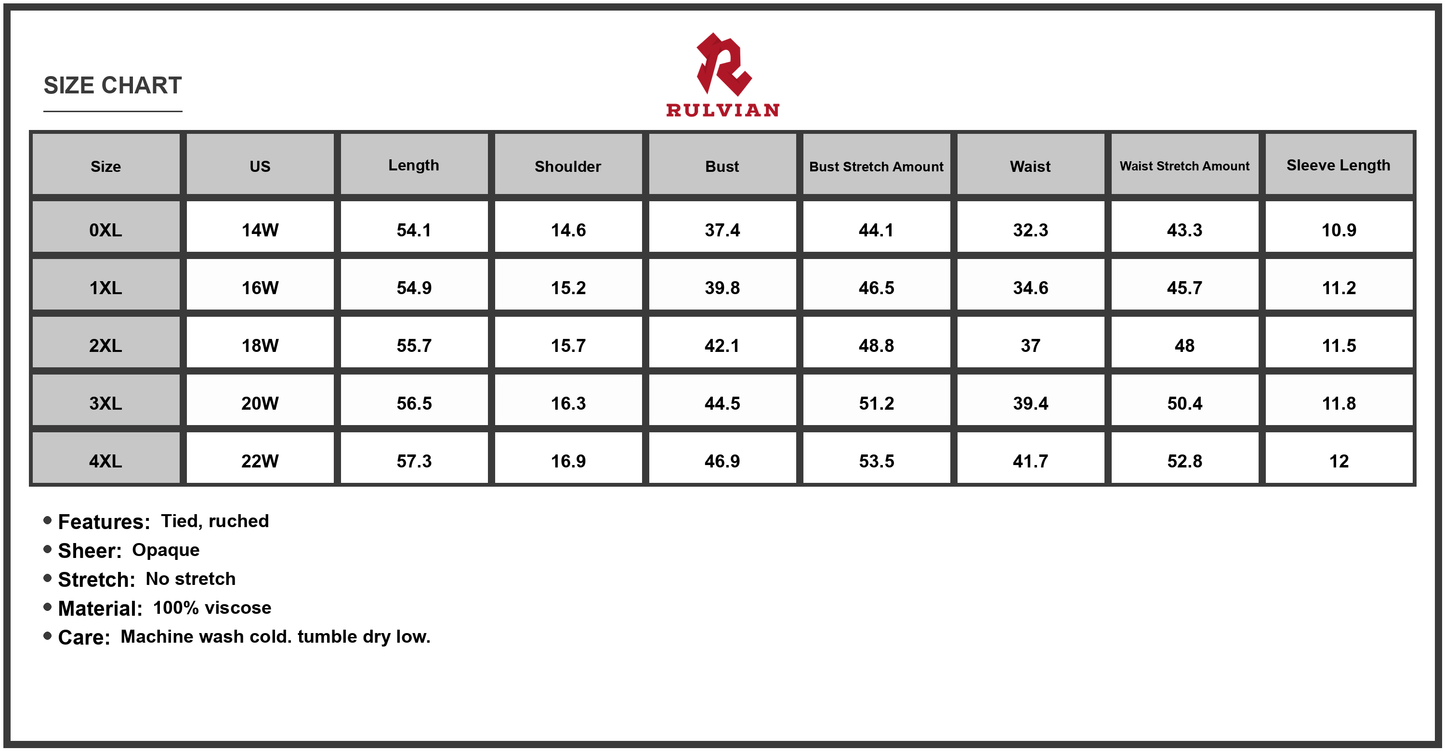 Size Chart - Women's Plus Size Printed Short Sleeve Tiered Maxi Dress with Tie Ruched Details 100% viscose fabric soft drape design