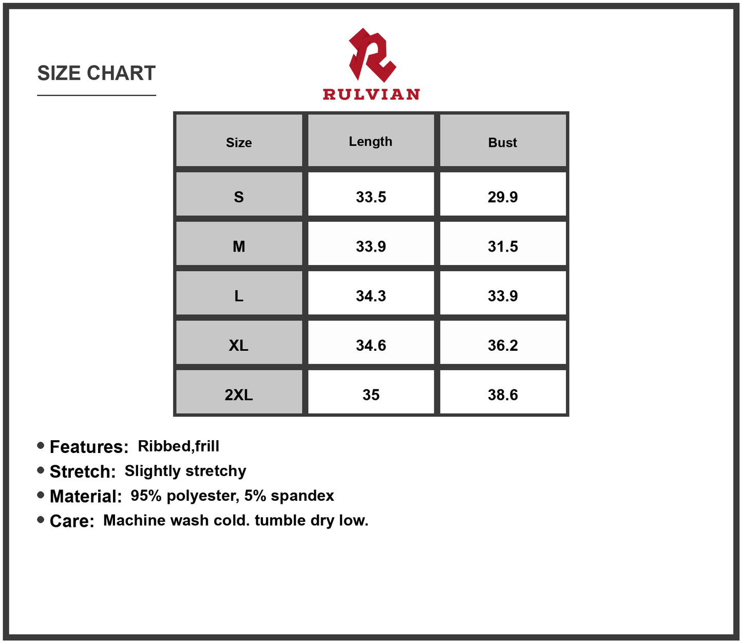 Size Chart - Women's Frill Ribbed Sleeveless Mini Dress with 95% Polyester 5% Spandex Fabric for All Day Wear Versatile Styling