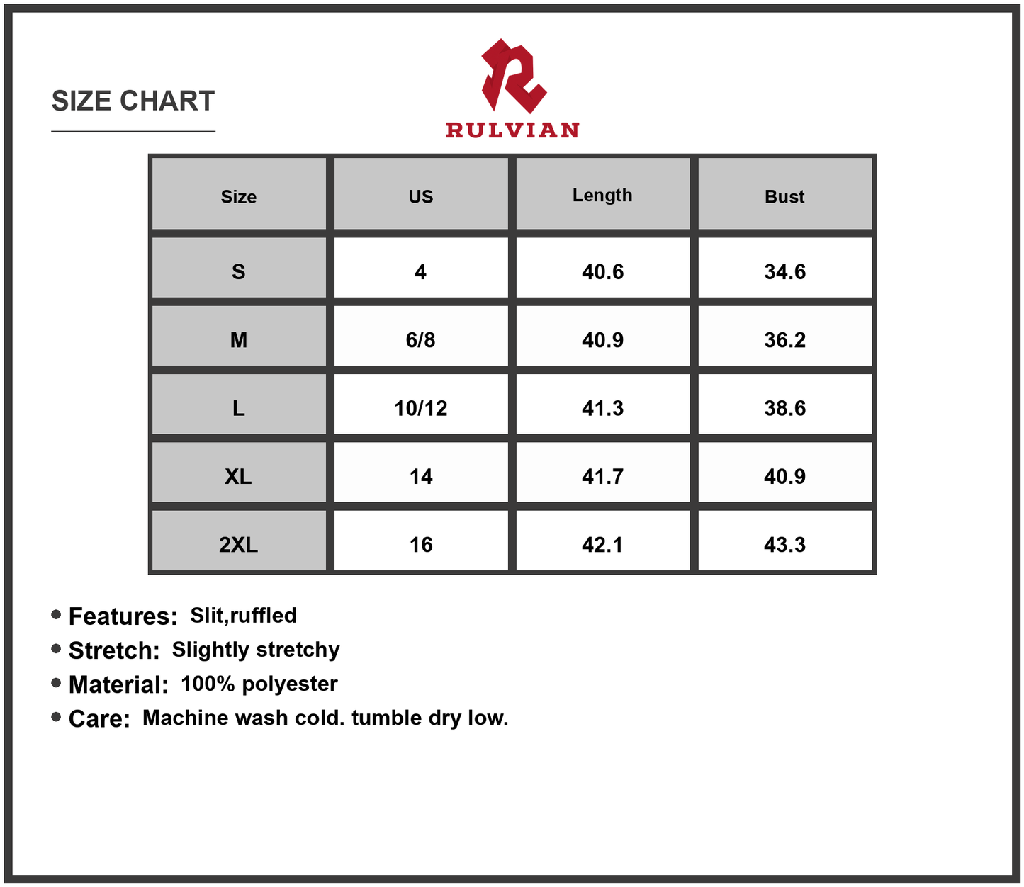 Size Chart - Womens Surplice Ruffled Cap Sleeve Dress 100% Polyester Slit Detail Not Lined Elegant Everyday Wear For Casual Wear