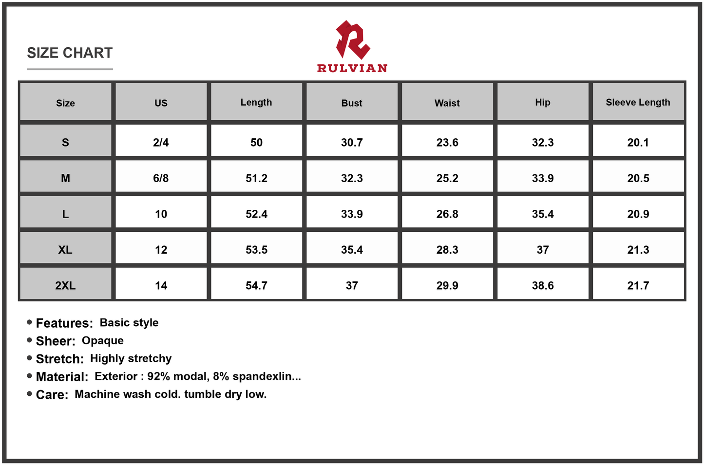 Size Chart - Women's Basic Built In Shapewear Square Neck Long Sleeve Maxi Dress 92% modal 8% spandex 62% polyamide 38% elastane
