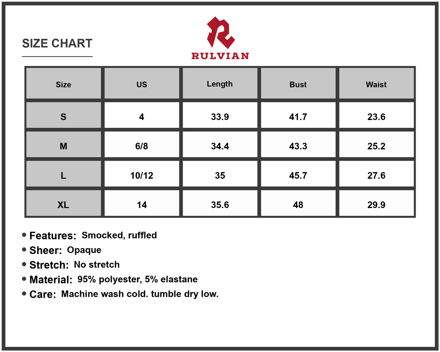 Size Chart - Women's Ruffled Smocked V Neck Tiered Dress with Sheer Overlay 95% Polyester 5% Elastane for day to night wear