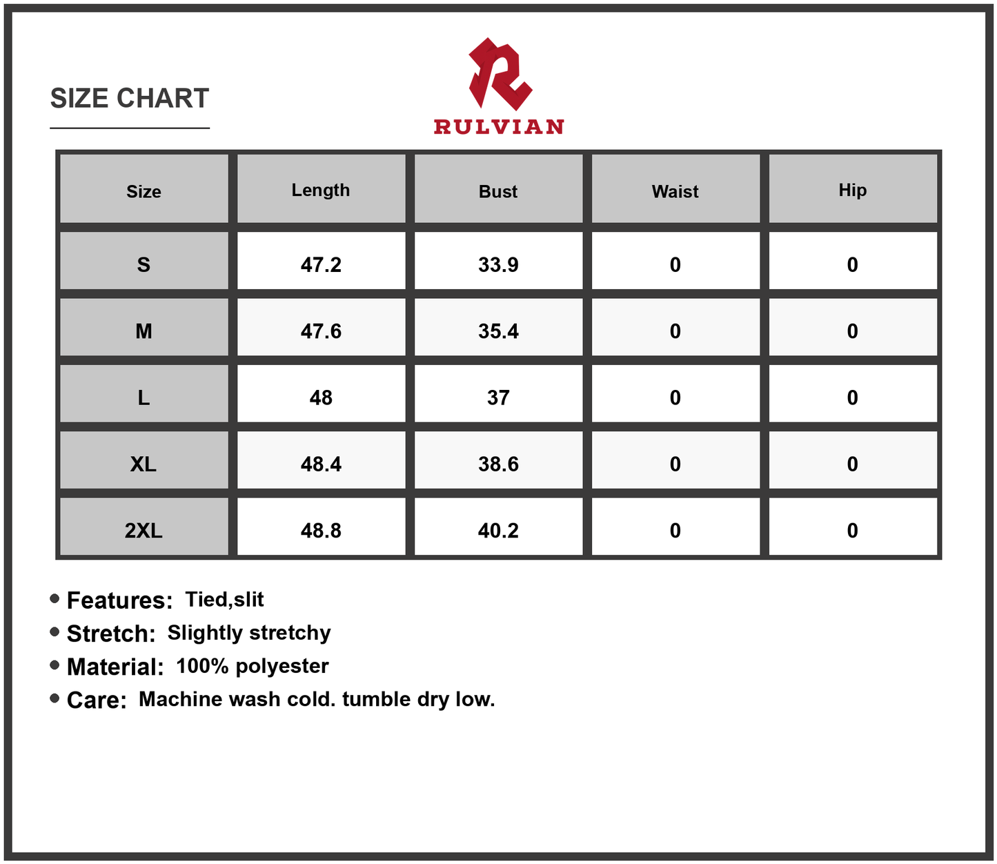 Size Chart - Womens Seashell Print Maxi Cami Dress with Tie Front and Slit for Women Slightly Stretchy 100% Polyester Fabric