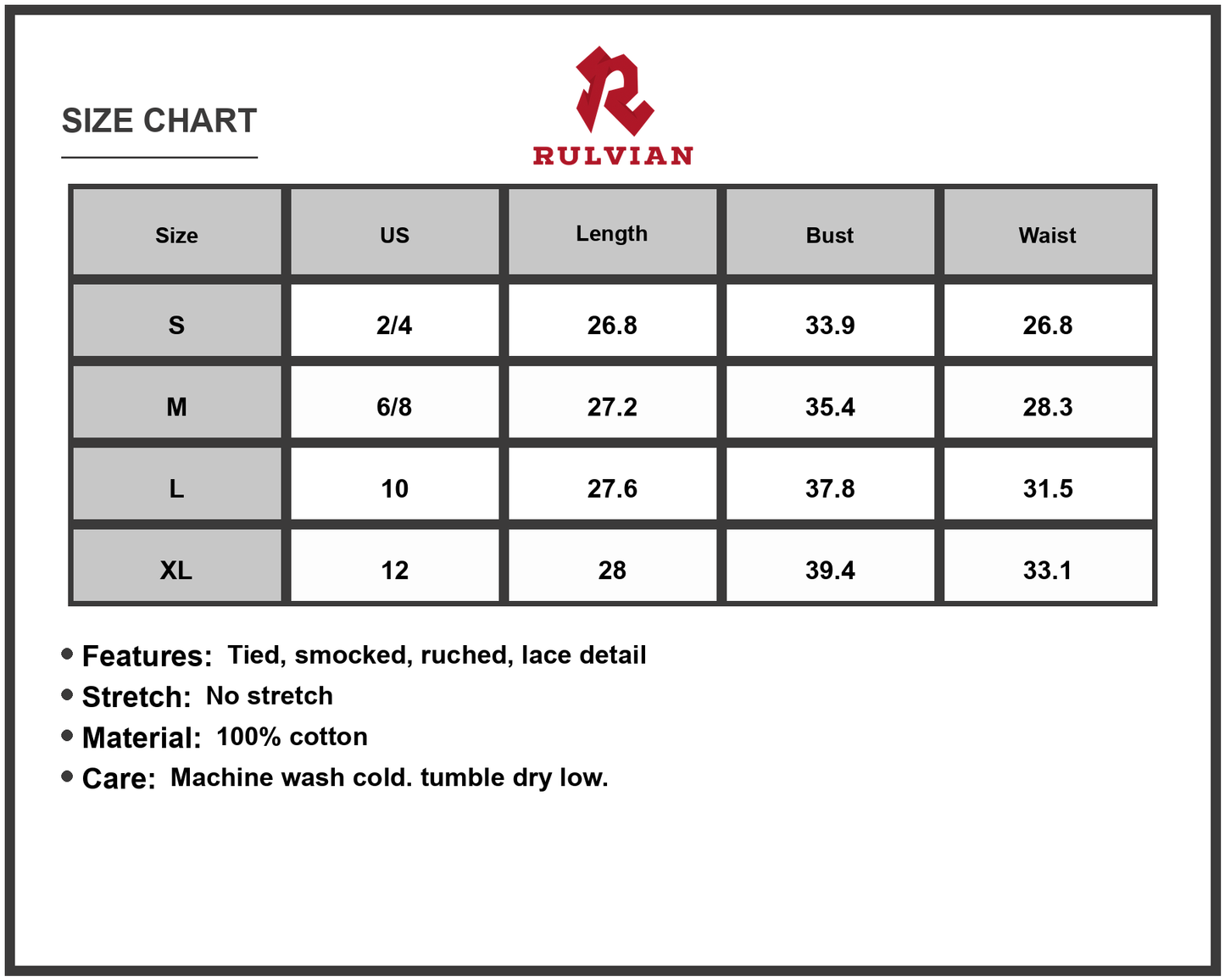 Size Chart - Women's Lace Detail Wide Strap Mini Dress with Ties Smocked and Ruched Accents 100% Cotton Lightweight Imported