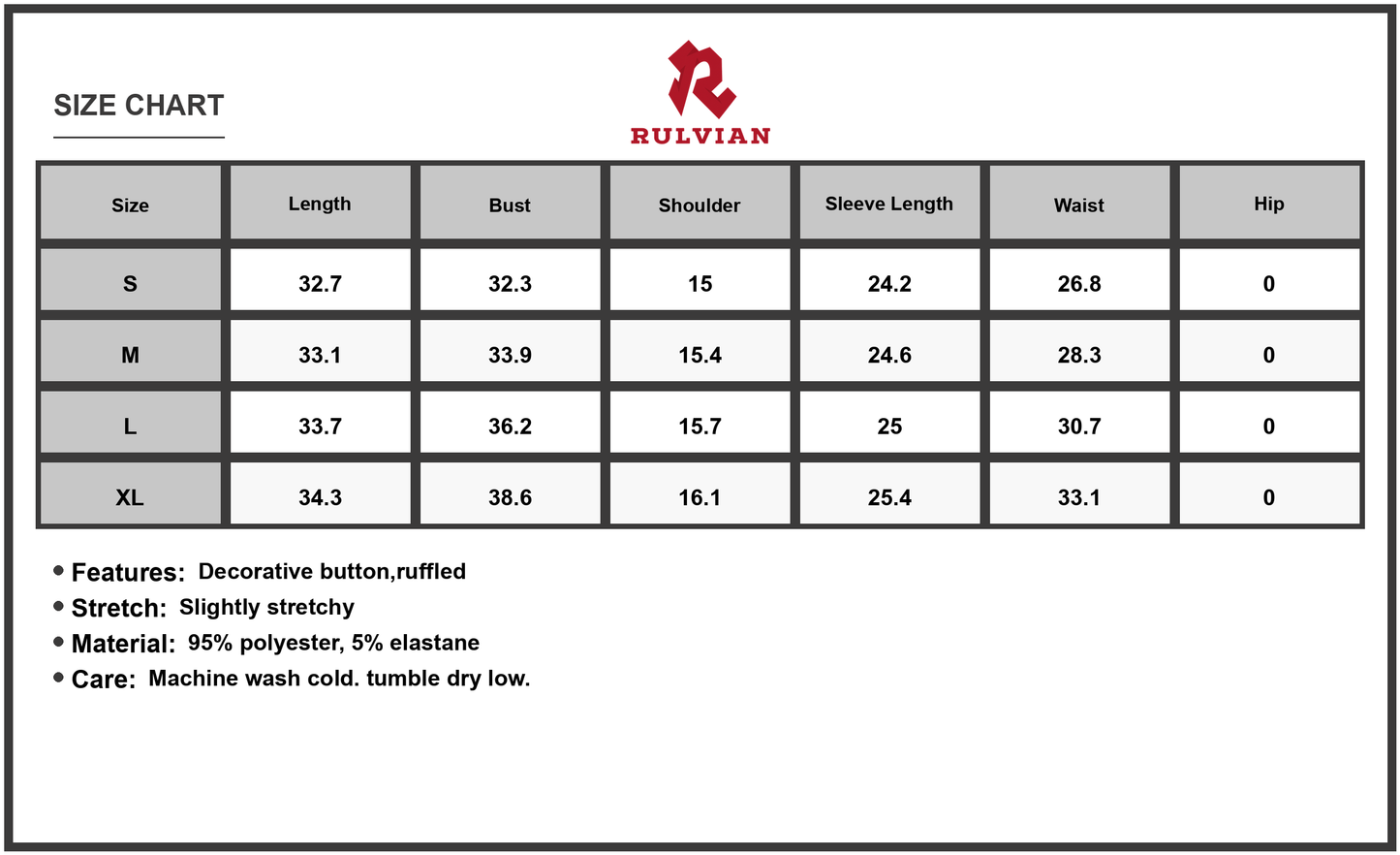 Size Chart - Women's Decorative Button Mock Neck Long Sleeve Mini Dress with Ruffles and Stretch 95% polyester 5% elastane today