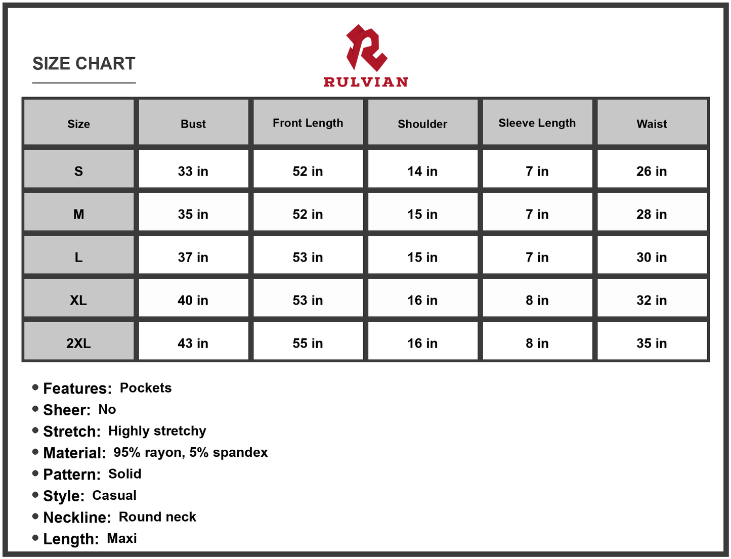 Size Chart - Women's Round Neck Maxi Dress with Pockets Soft Stretch Rayon Spandex 95% rayon 5% spandex Casual Everyday Comfort Wear