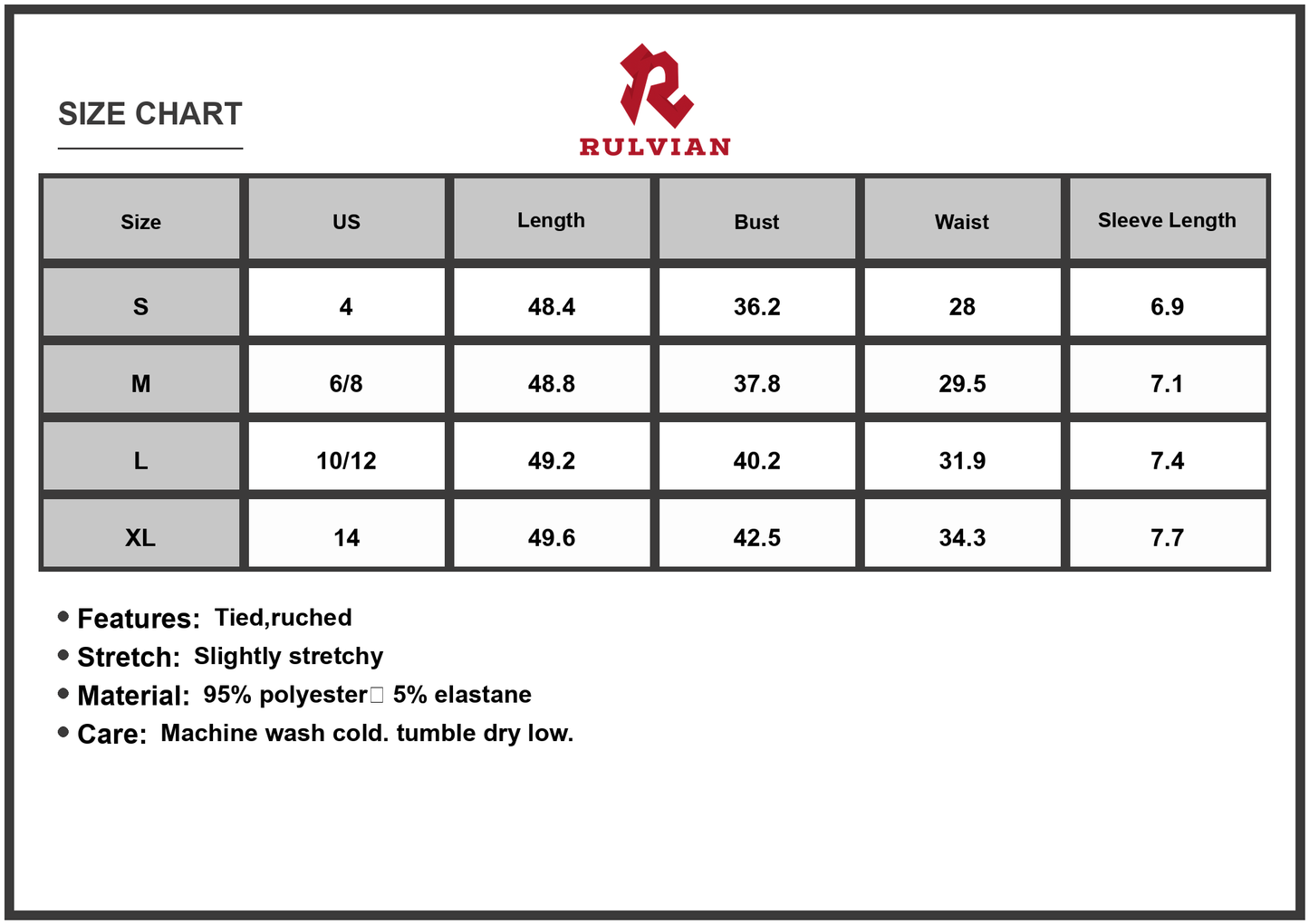 Size Chart - Women's Sweetheart Neck Short Sleeve Maxi Dress with Ruched Tie Bodice Lined Ninety five% polyester and five% elastane